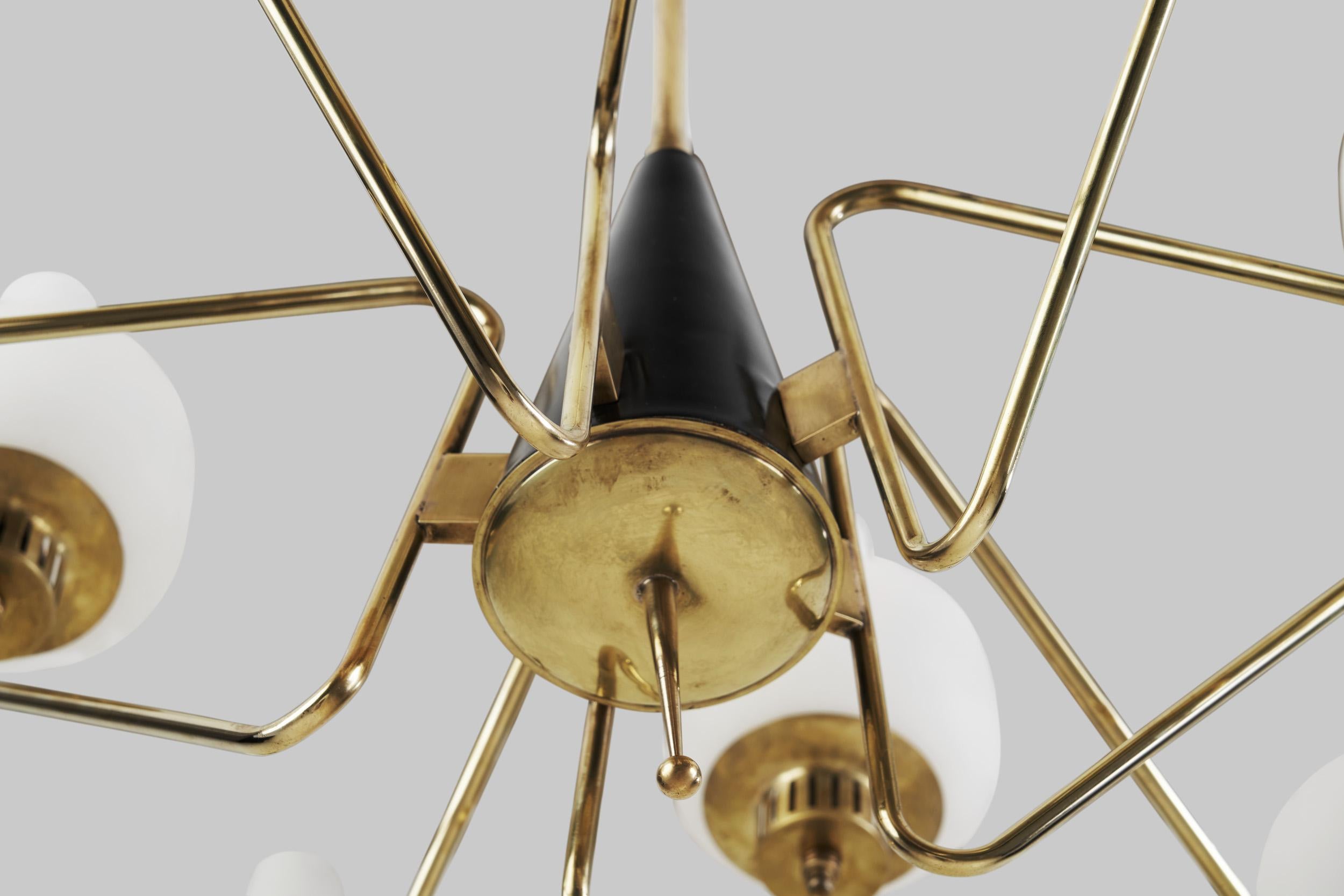 Stilnovo Brass and Glass Chandelier, Italy, 1950s For Sale 12