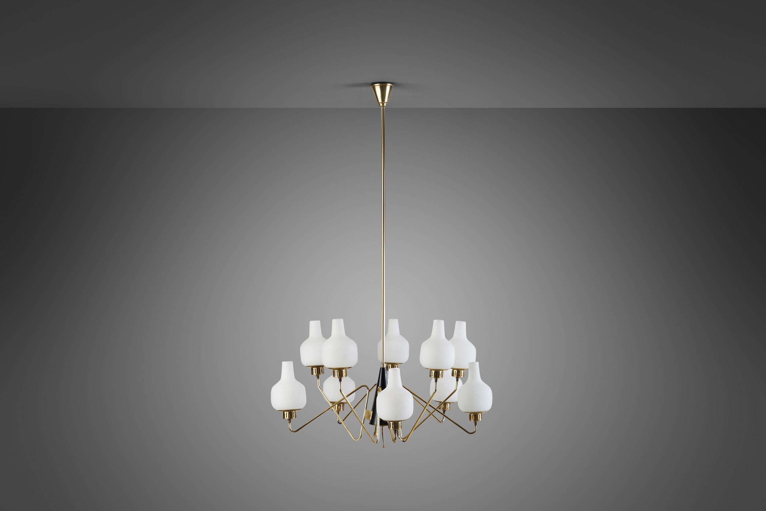 Metal Stilnovo Brass and Glass Chandelier, Italy, 1950s For Sale