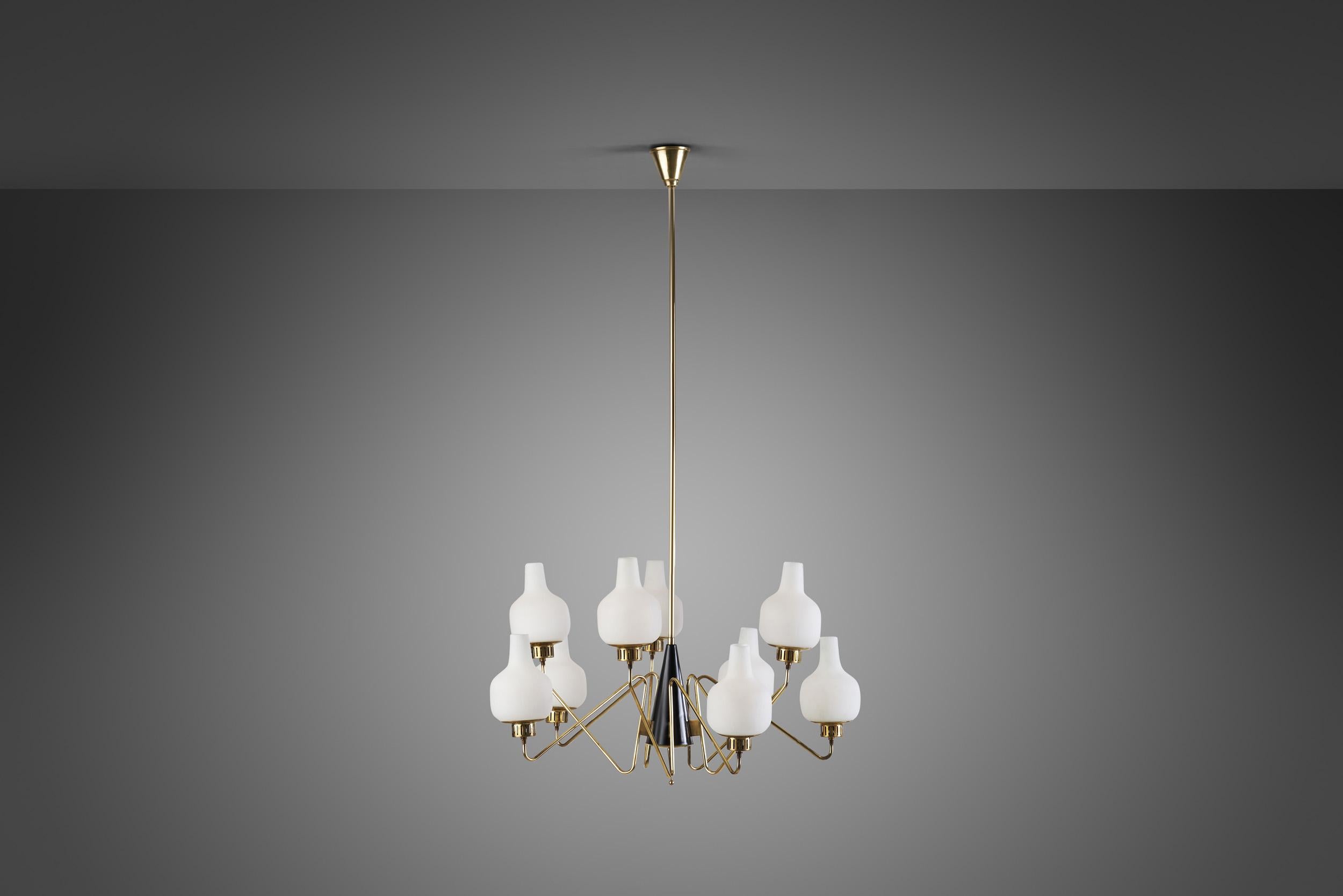 Stilnovo Brass and Glass Chandelier, Italy, 1950s For Sale 1