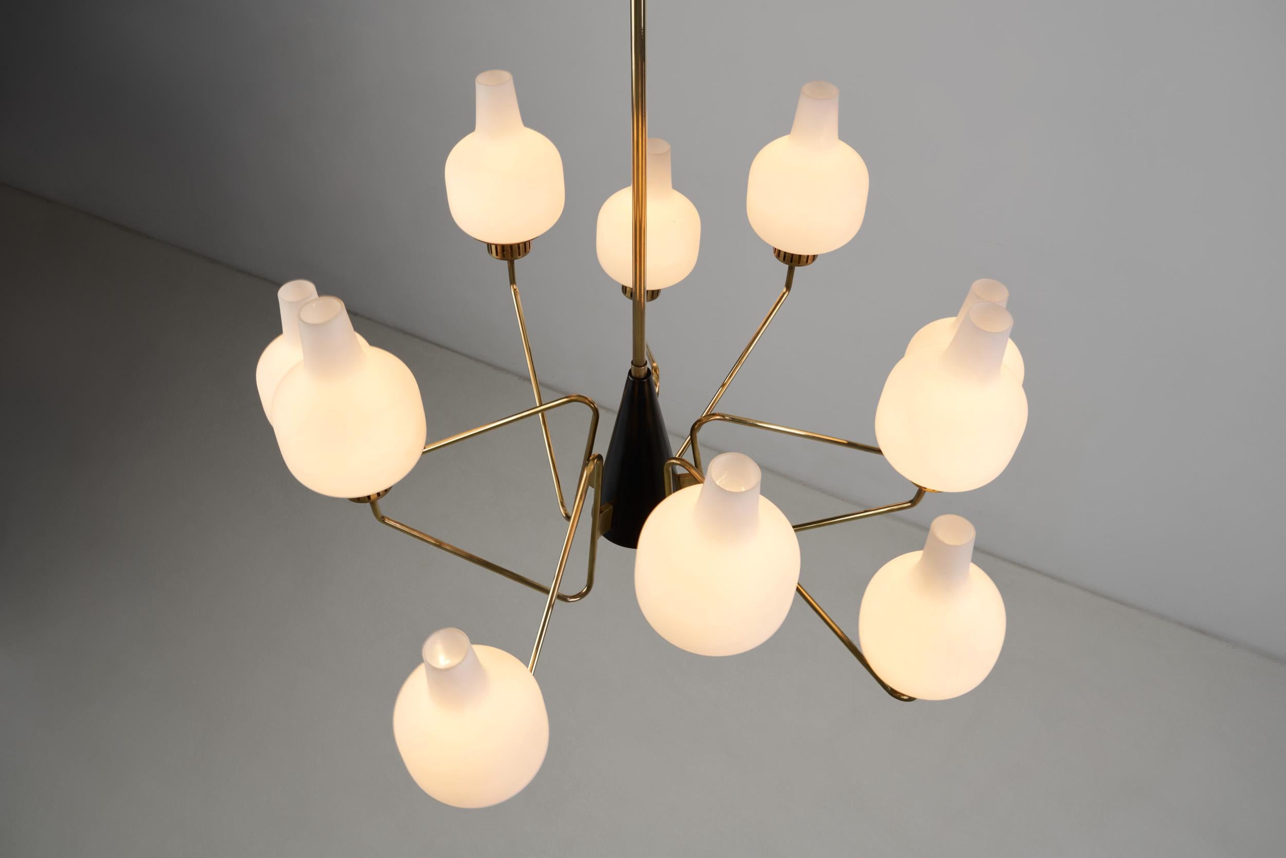 Stilnovo Brass and Glass Chandelier, Italy, 1950s For Sale 2