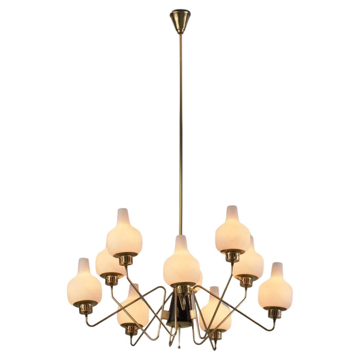 Stilnovo Brass and Glass Chandelier, Italy, 1950s For Sale