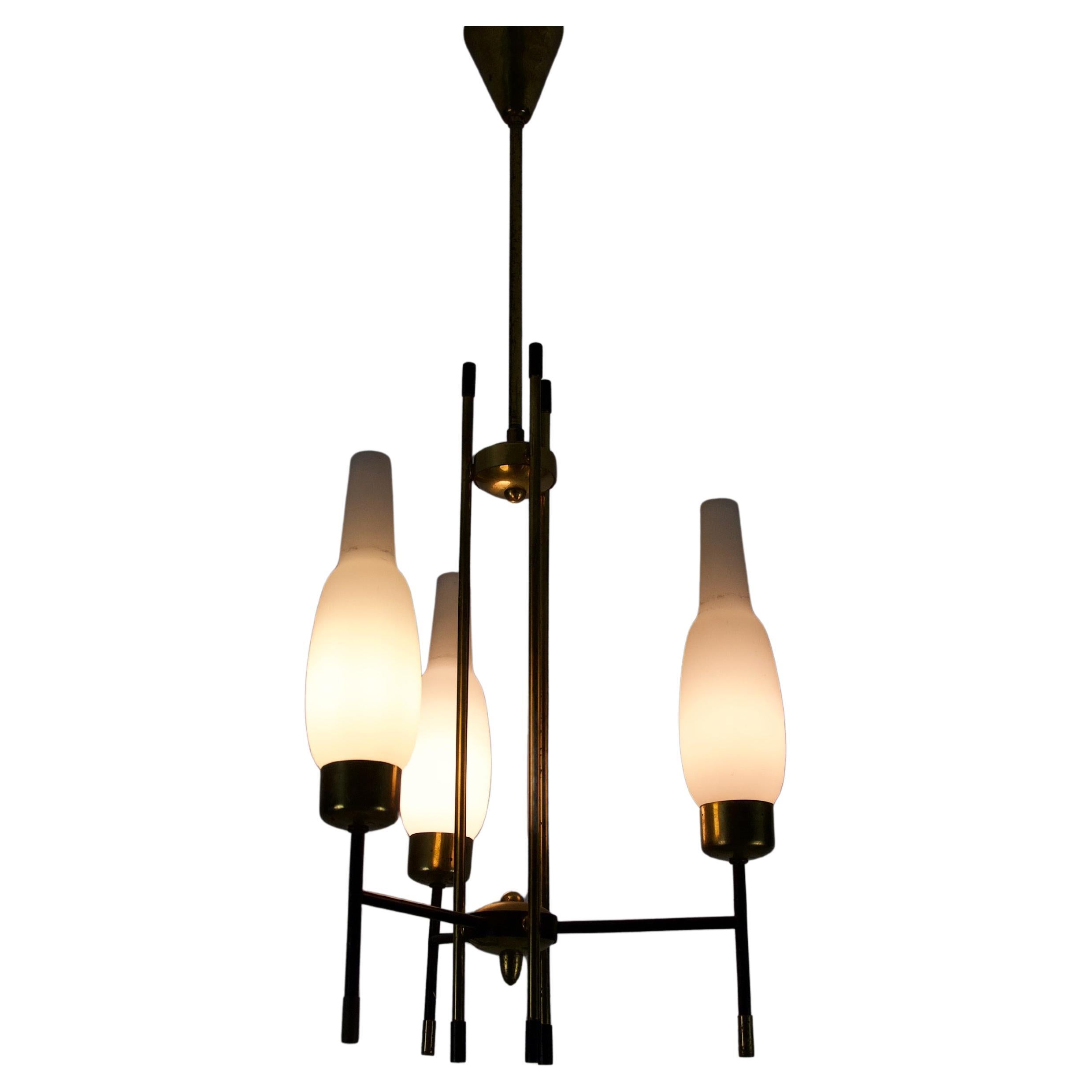 Stilnovo Brass and Opal Glass Chandelier, Italy, 1960s