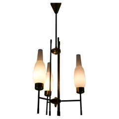 Stilnovo Brass and Opal Glass Chandelier, Italy, 1960s