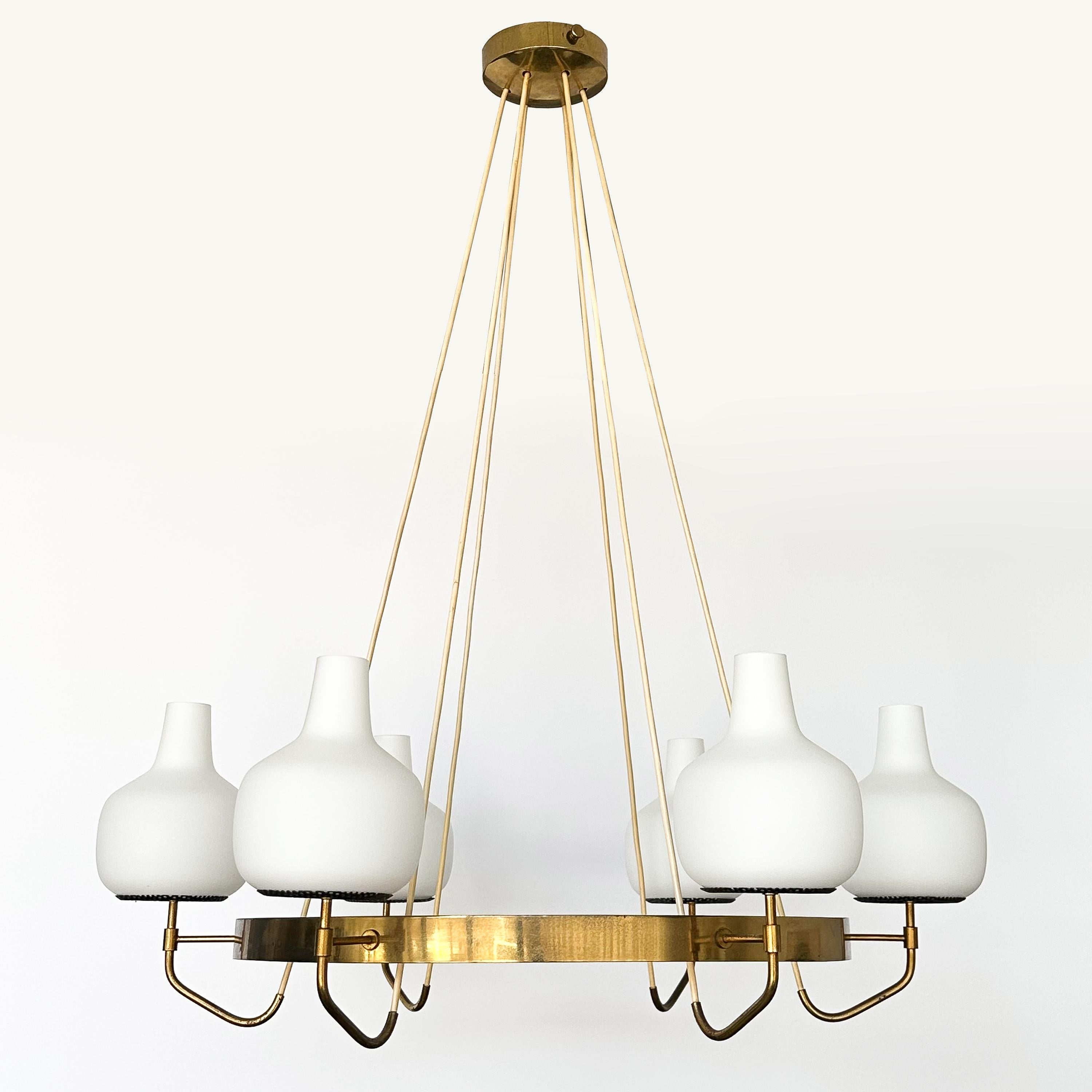 Mid-Century Modern Stilnovo Brass and Opaline Glass Six Globe Chandelier For Sale