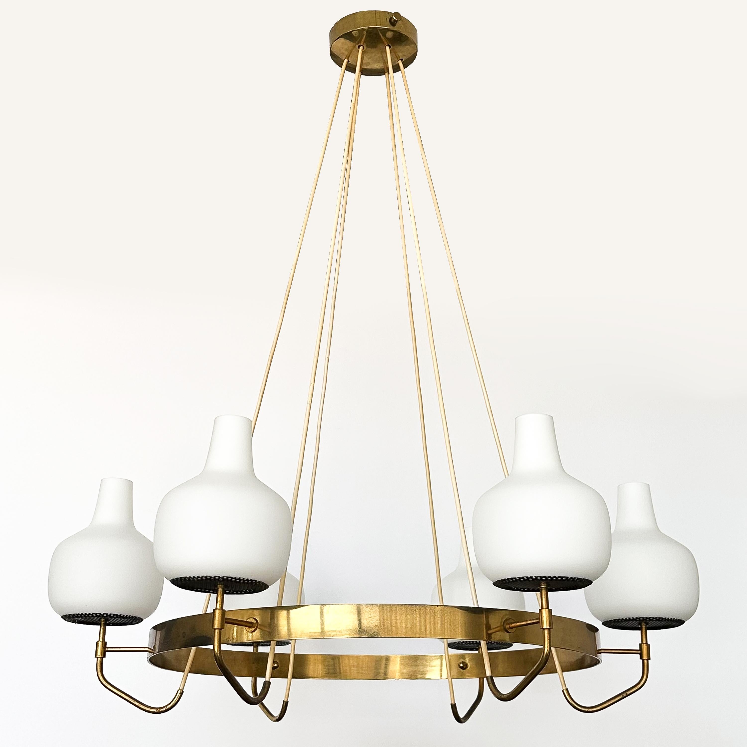 Italian Stilnovo Brass and Opaline Glass Six Globe Chandelier For Sale