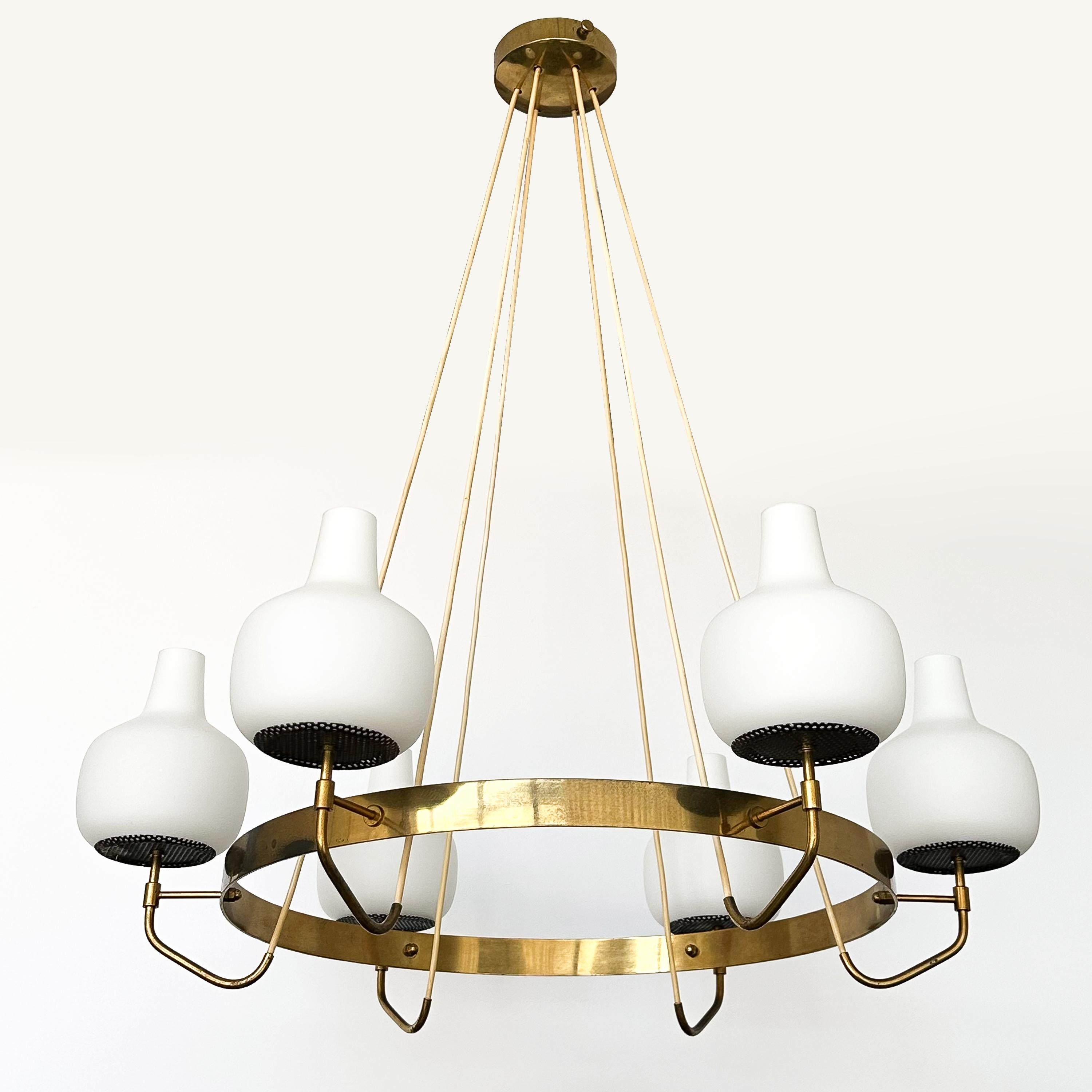 Stilnovo Brass and Opaline Glass Six Globe Chandelier In Good Condition For Sale In Chicago, IL