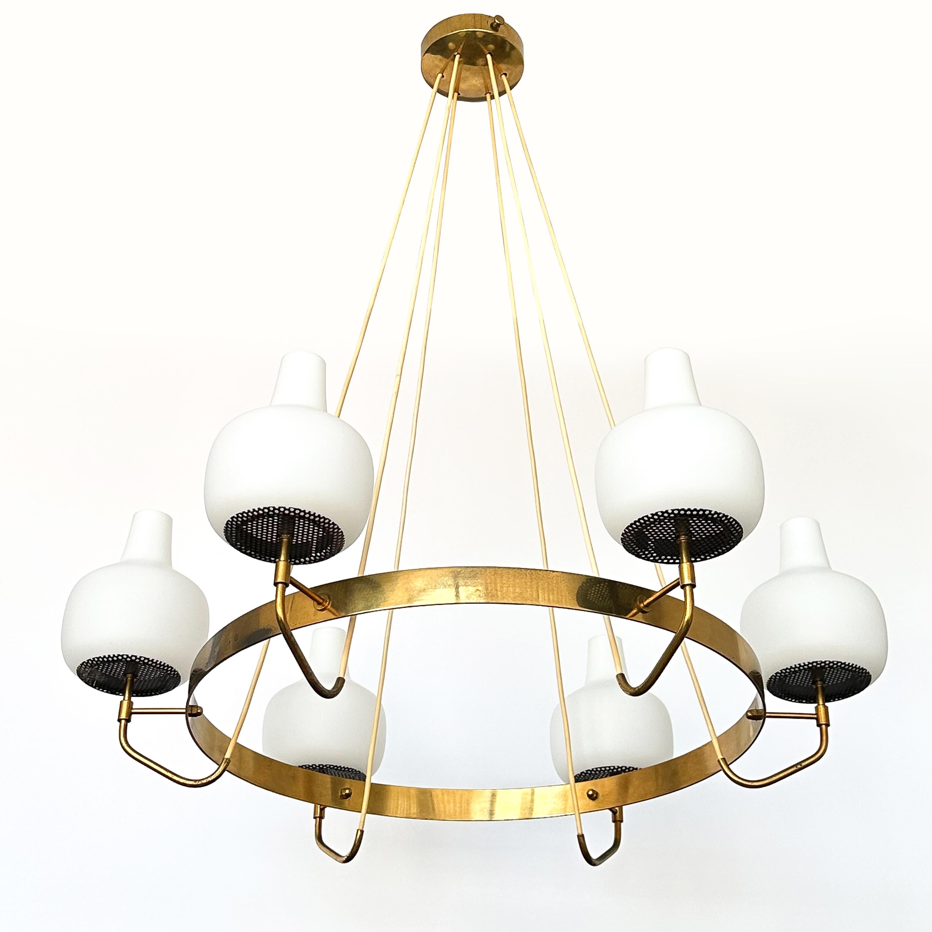 Mid-20th Century Stilnovo Brass and Opaline Glass Six Globe Chandelier For Sale