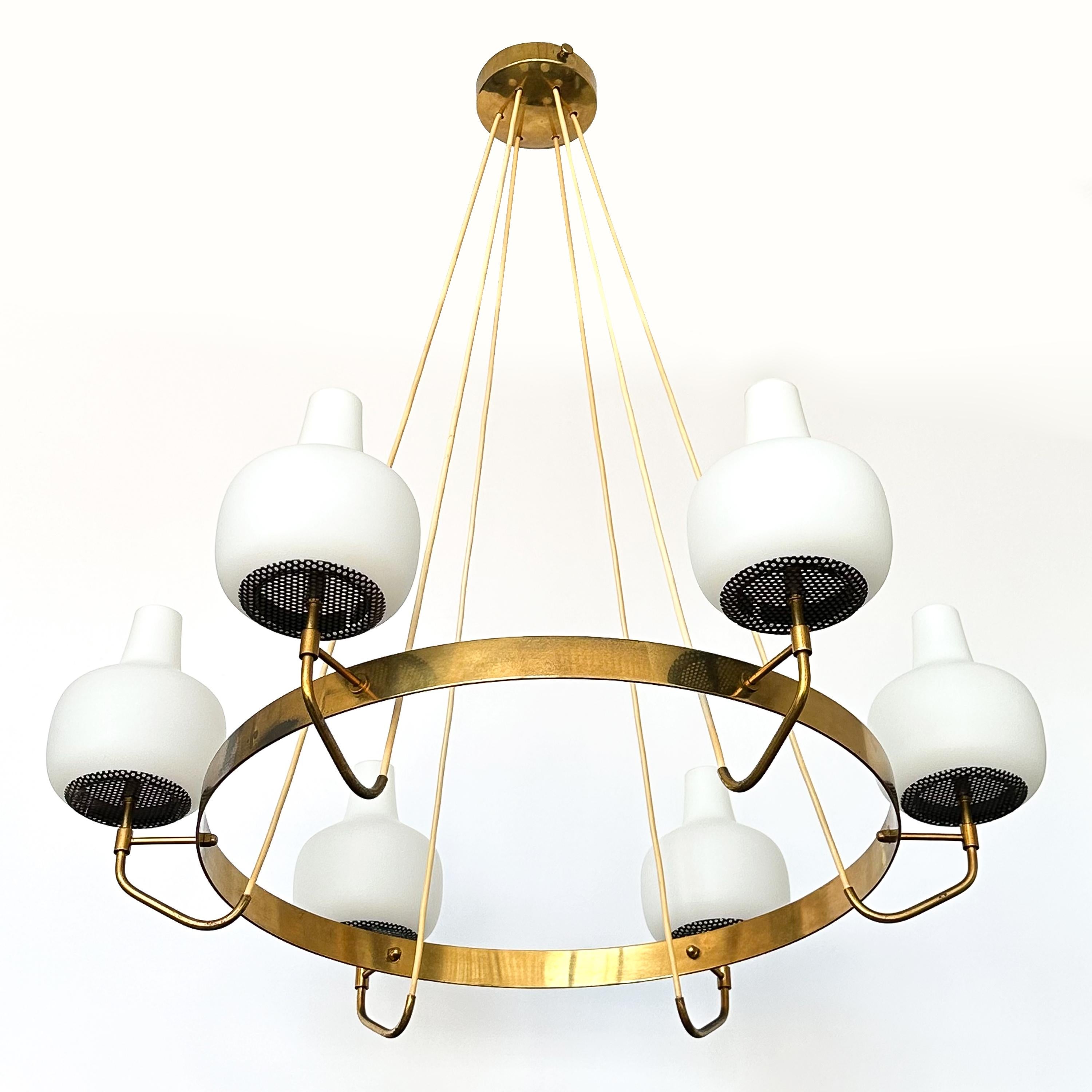 Metal Stilnovo Brass and Opaline Glass Six Globe Chandelier For Sale