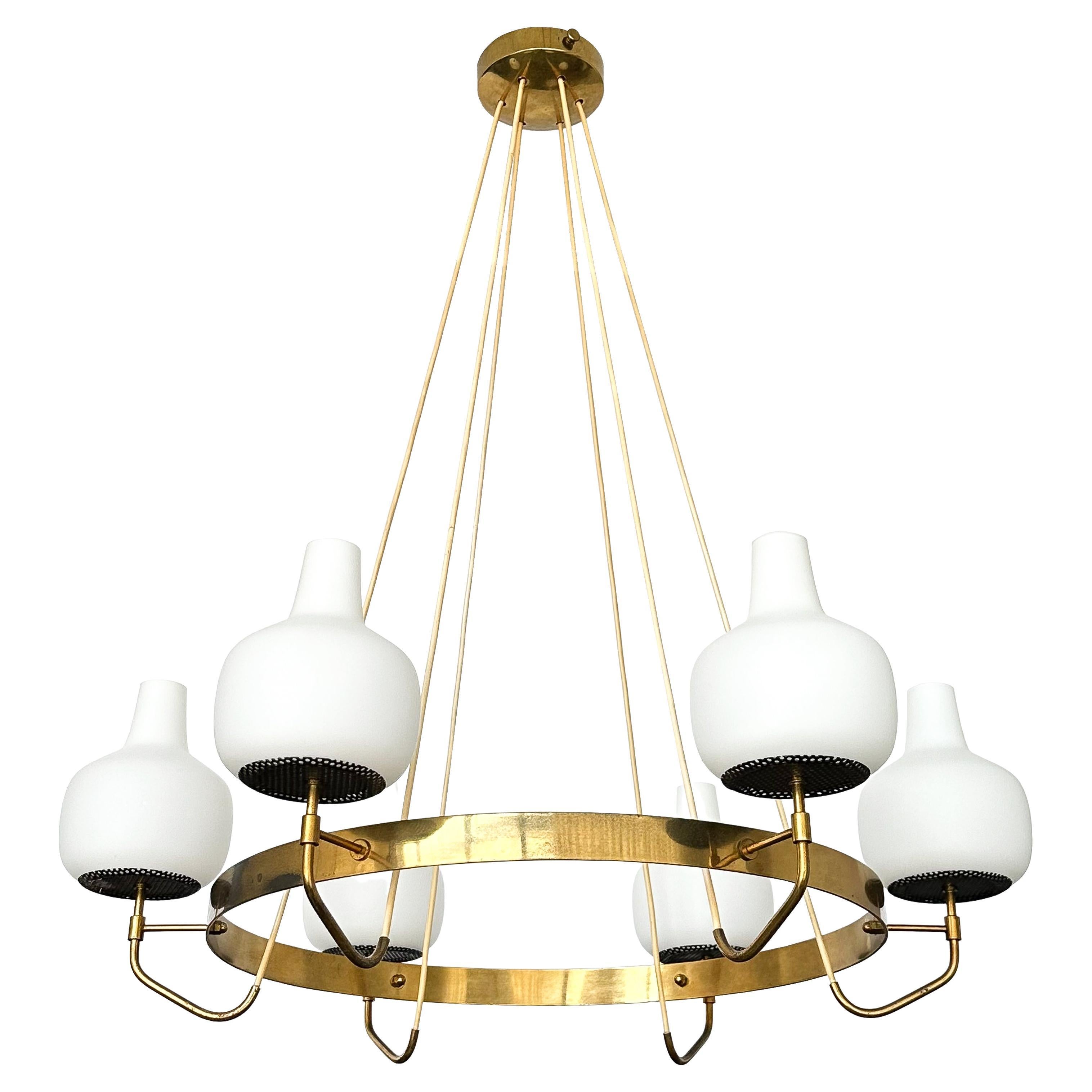 Stilnovo Brass and Opaline Glass Six Globe Chandelier For Sale