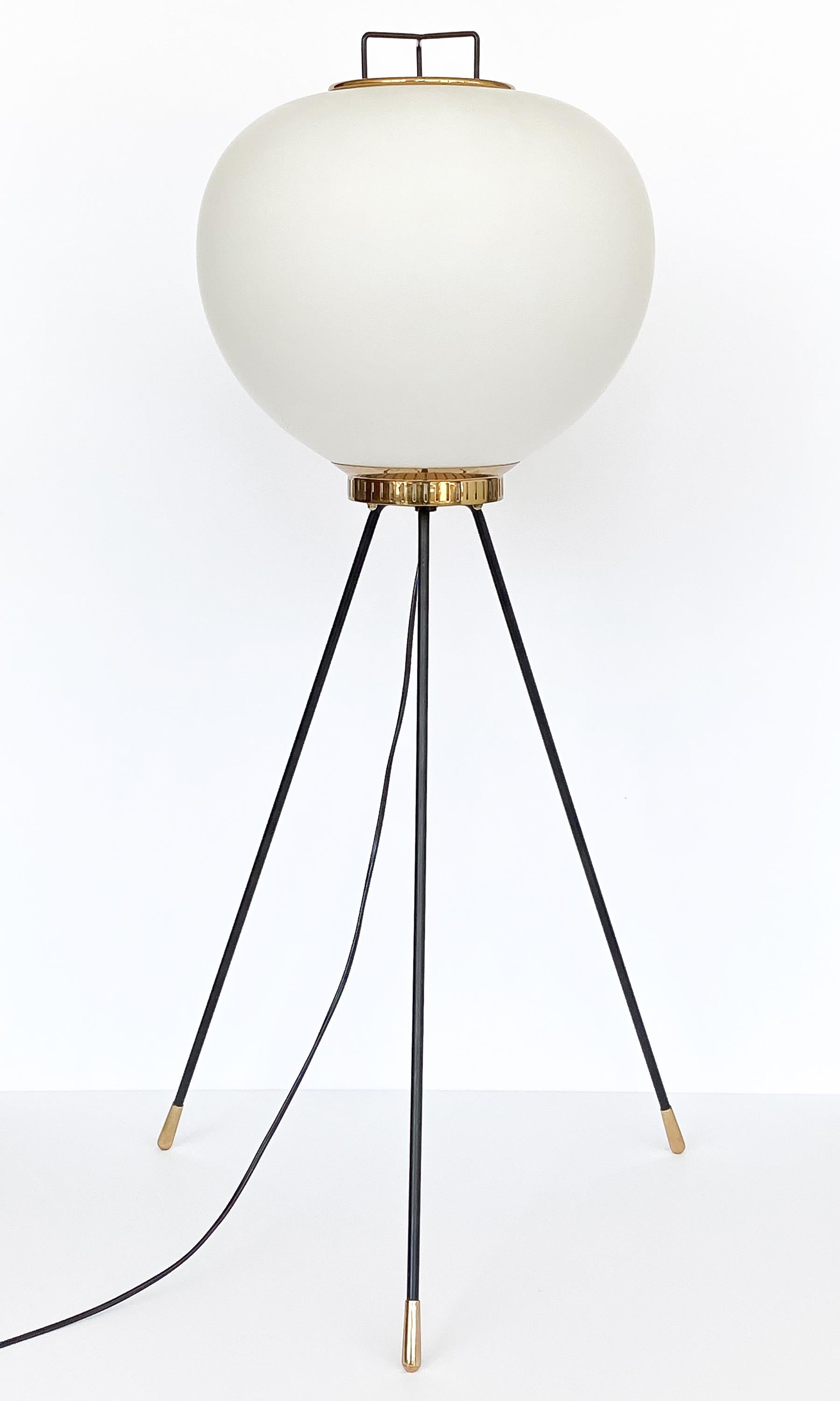 Mid-Century Modern Stilnovo Brass and Opaline Glass Tripod Floor Lamp