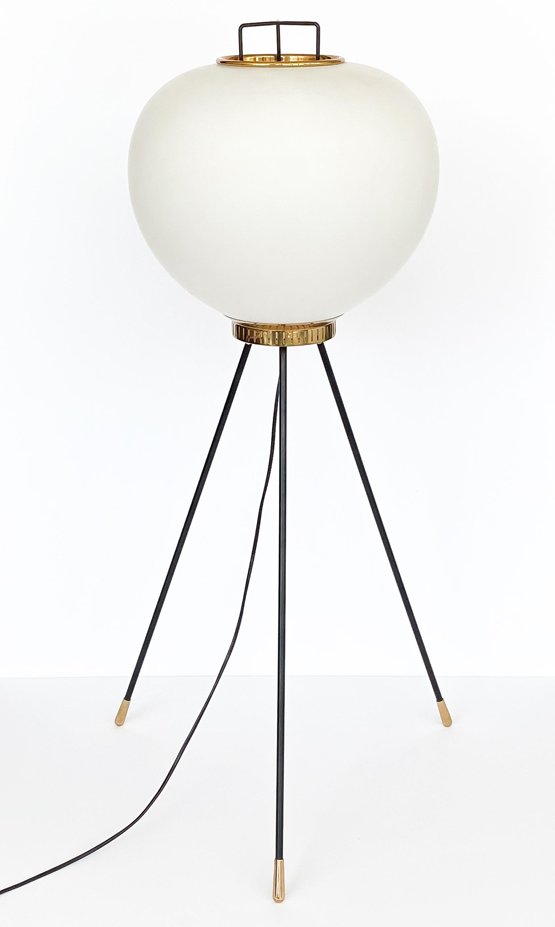 Italian Stilnovo Brass and Opaline Glass Tripod Floor Lamp