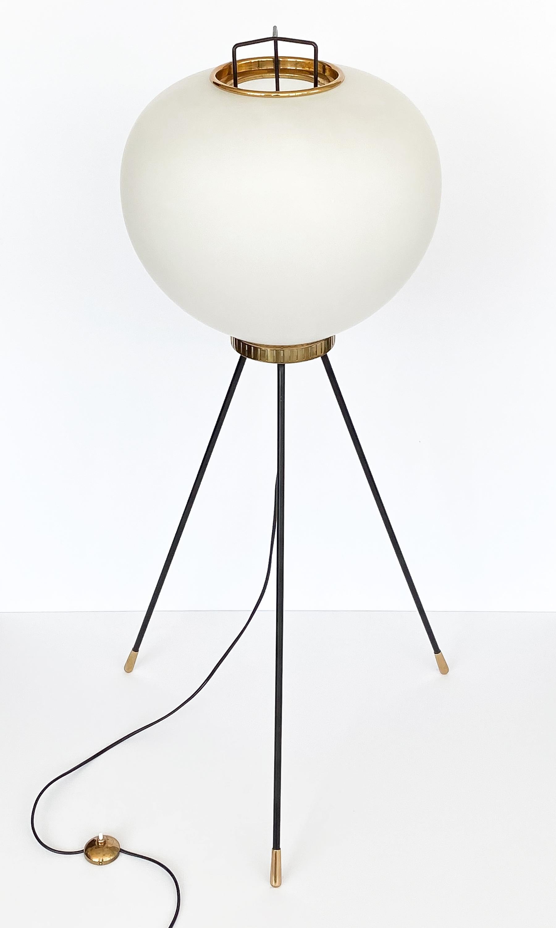 Lacquered Stilnovo Brass and Opaline Glass Tripod Floor Lamp