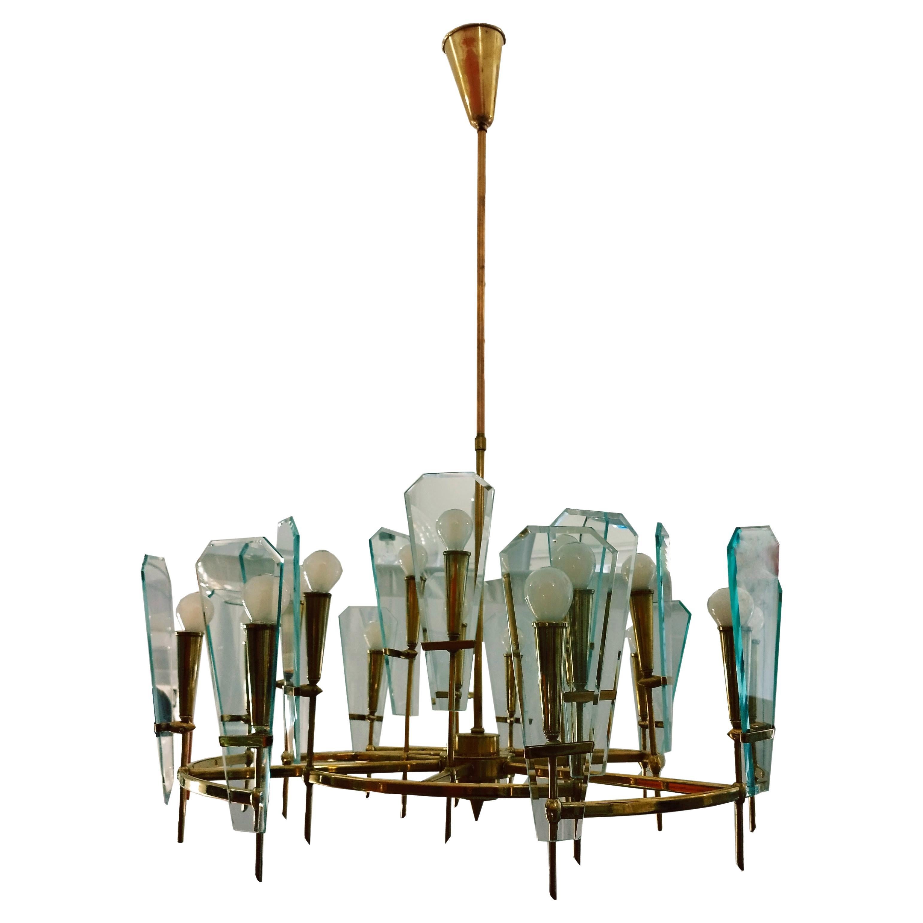 Stilnovo Brass Chandelier 18 Lights, Italy, 1950s