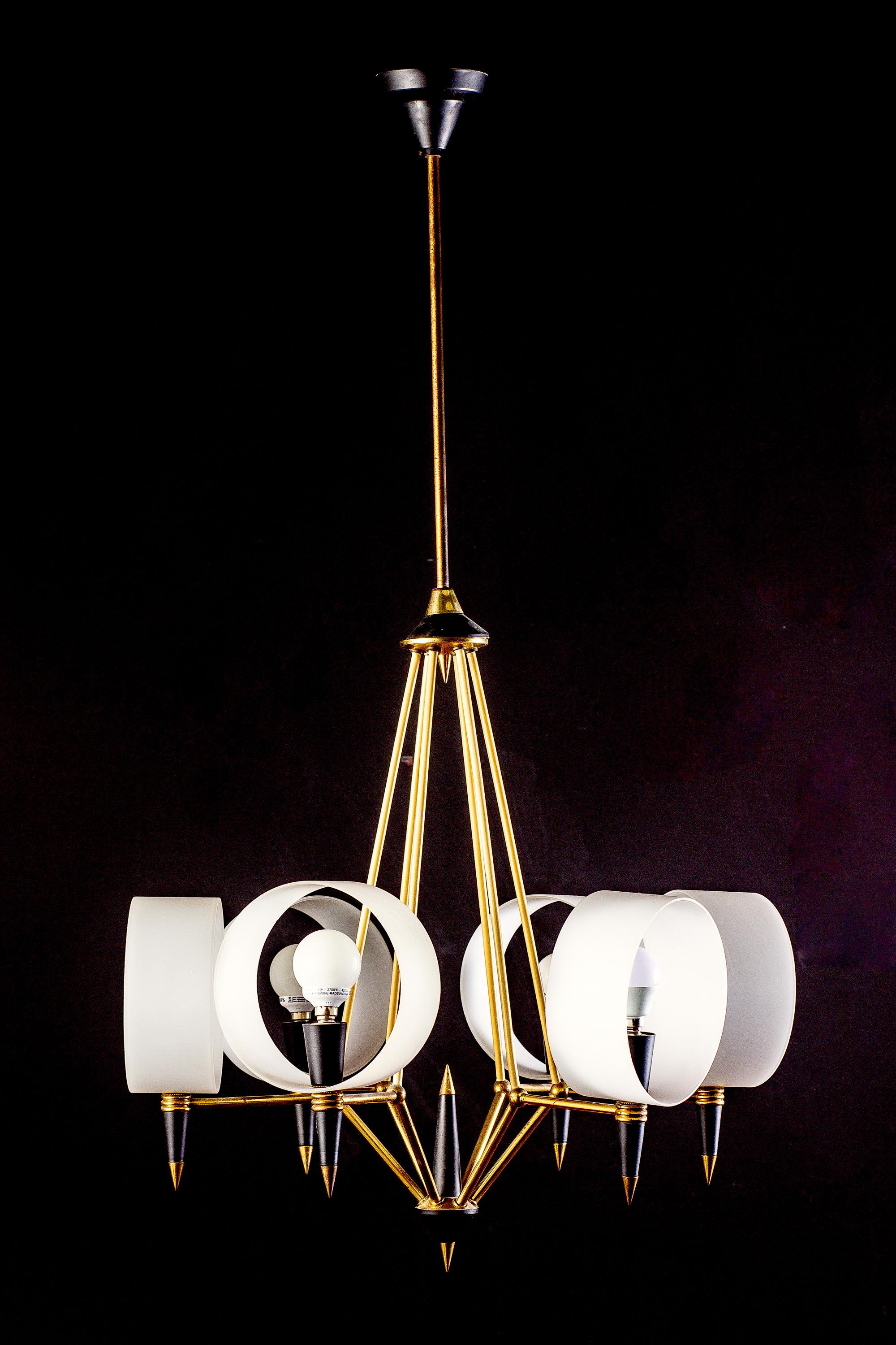Mid-Century Modern Brass Midcentury Murano Glass Chandelier Stilnovo Style, 1950s