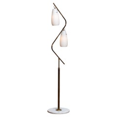 Stilnovo Brass On Marble Base Floor Lamp with Two Opaline Vases, Italy 1950s