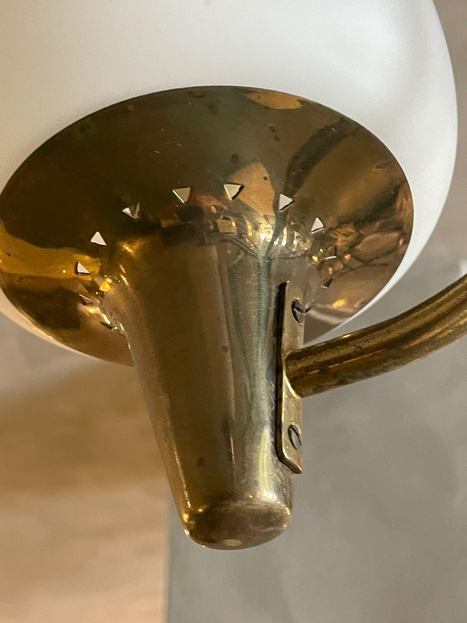 Stilnovo Brass Opaline Glass Chandelier Eight Arms Excellent Patina Italy 1950s 6