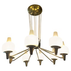 Stilnovo Brass Opaline Glass Chandelier Eight Arms Excellent Patina Italy 1950s