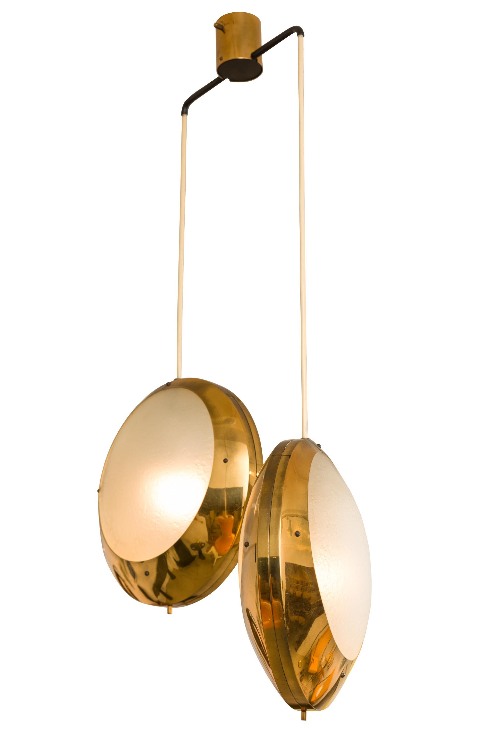 Mid-Century Modern Stilnovo Brass & Textured Glass Double Pendant Light, Italy, 1950s