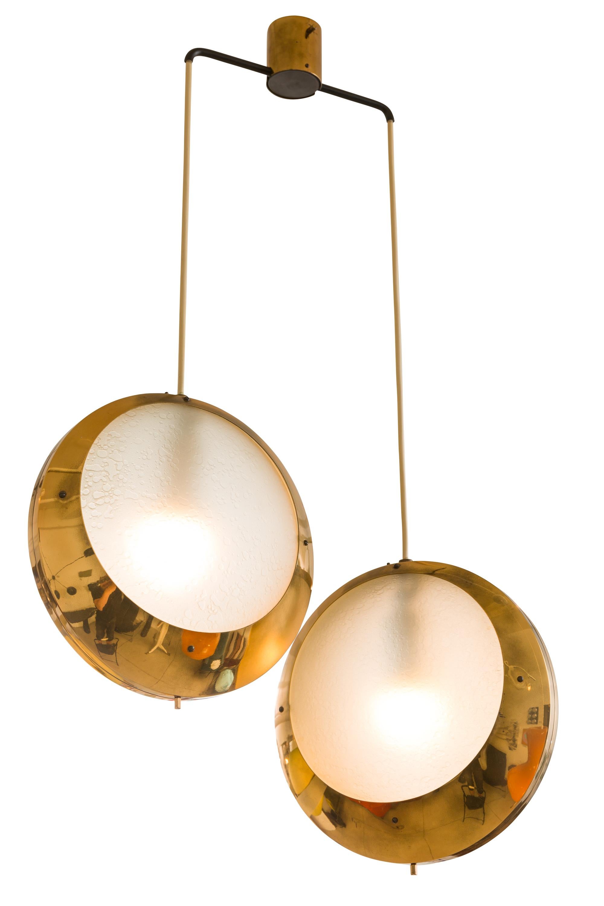 Italian Stilnovo Brass & Textured Glass Double Pendant Light, Italy, 1950s