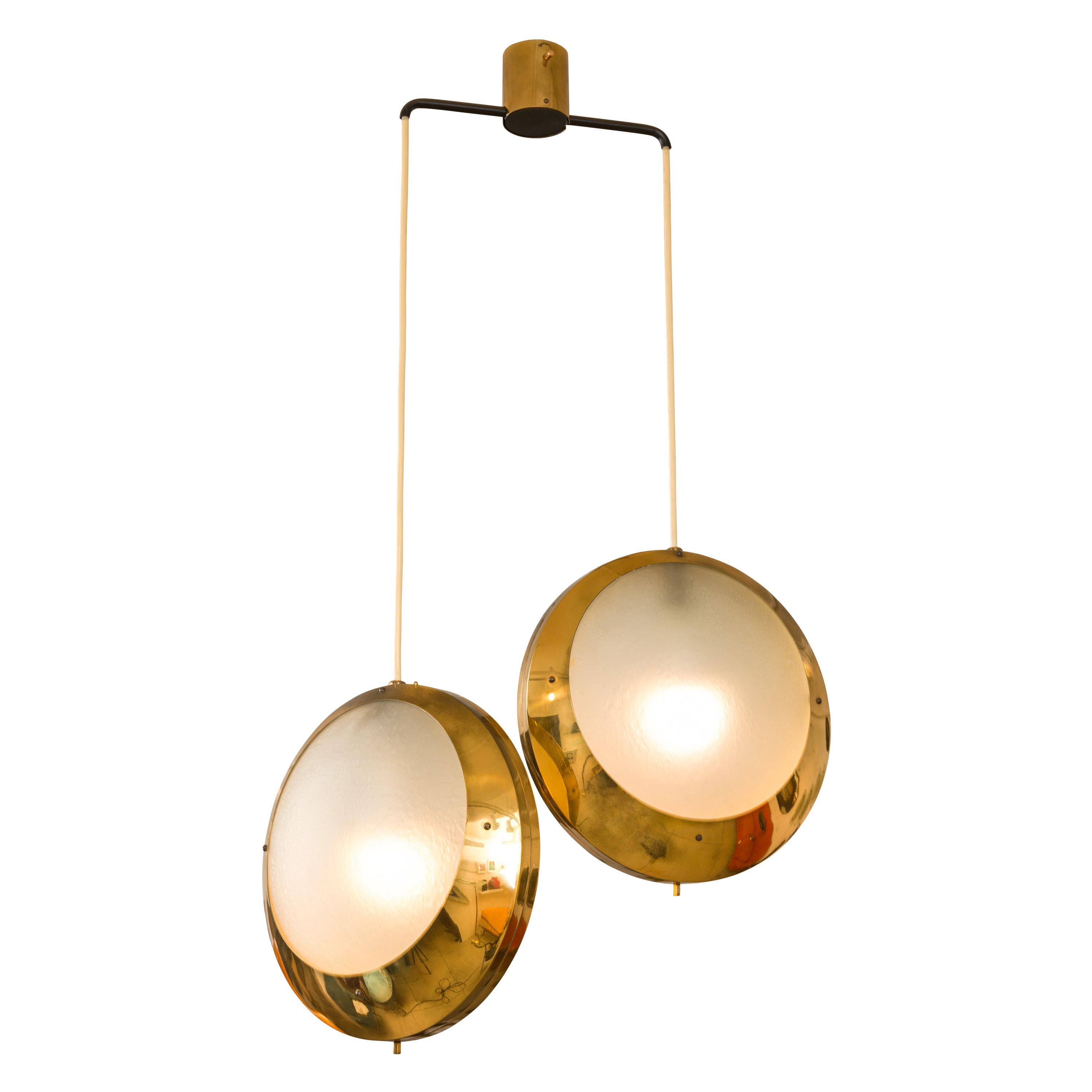 Stilnovo Brass & Textured Glass Double Pendant Light, Italy, 1950s