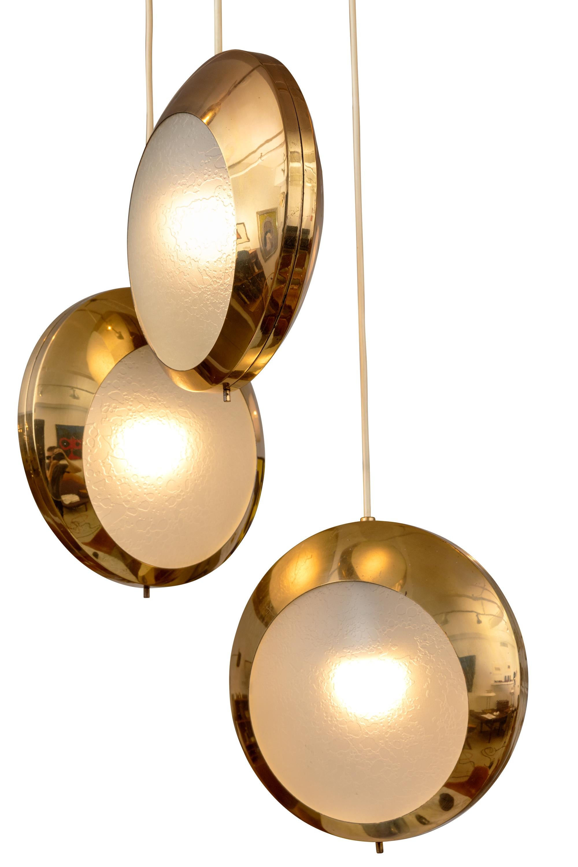 Mid-Century Modern Stilnovo Brass & Textured Glass Three Pendant Light, Italy, 1950s