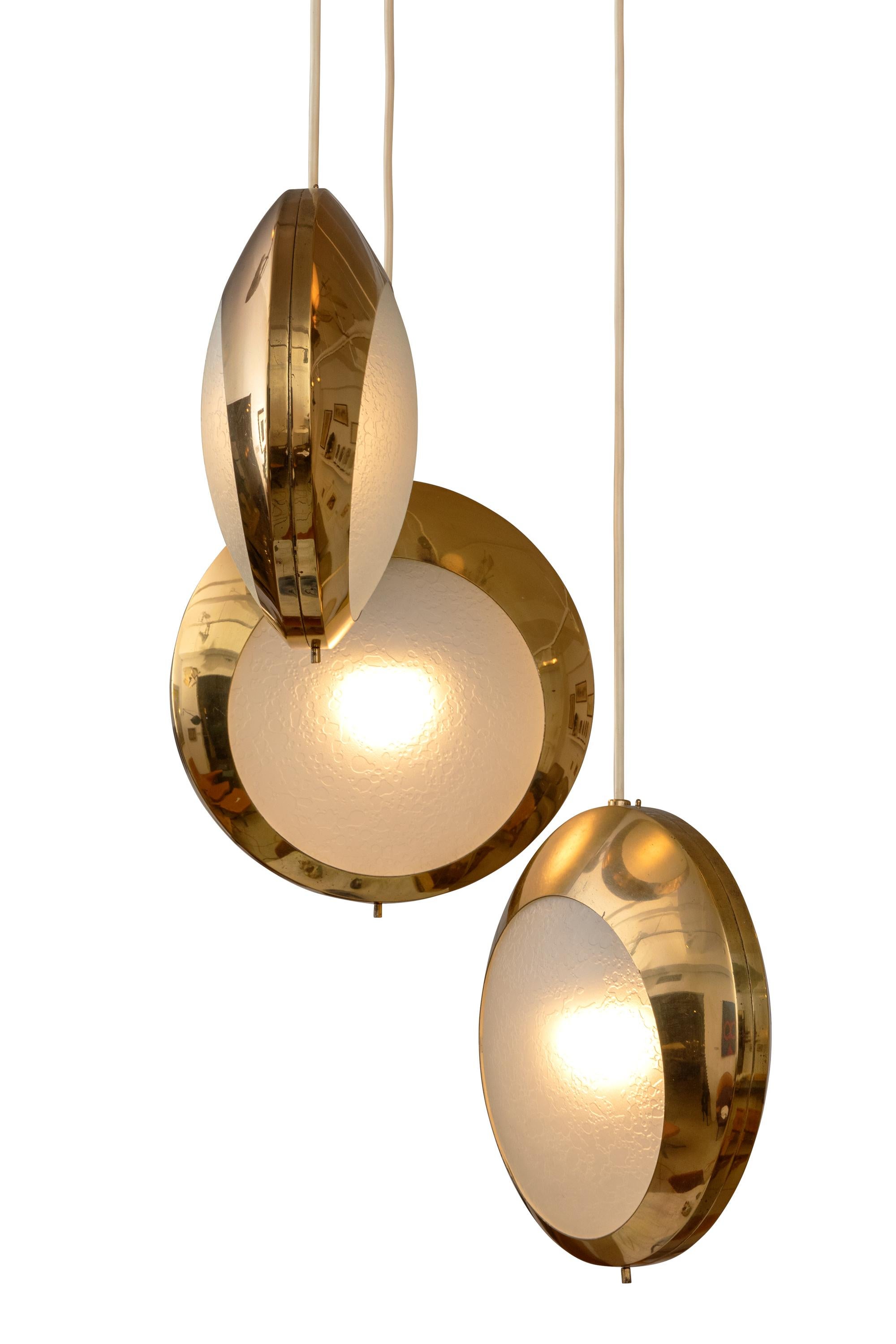 Italian Stilnovo Brass & Textured Glass Three Pendant Light, Italy, 1950s
