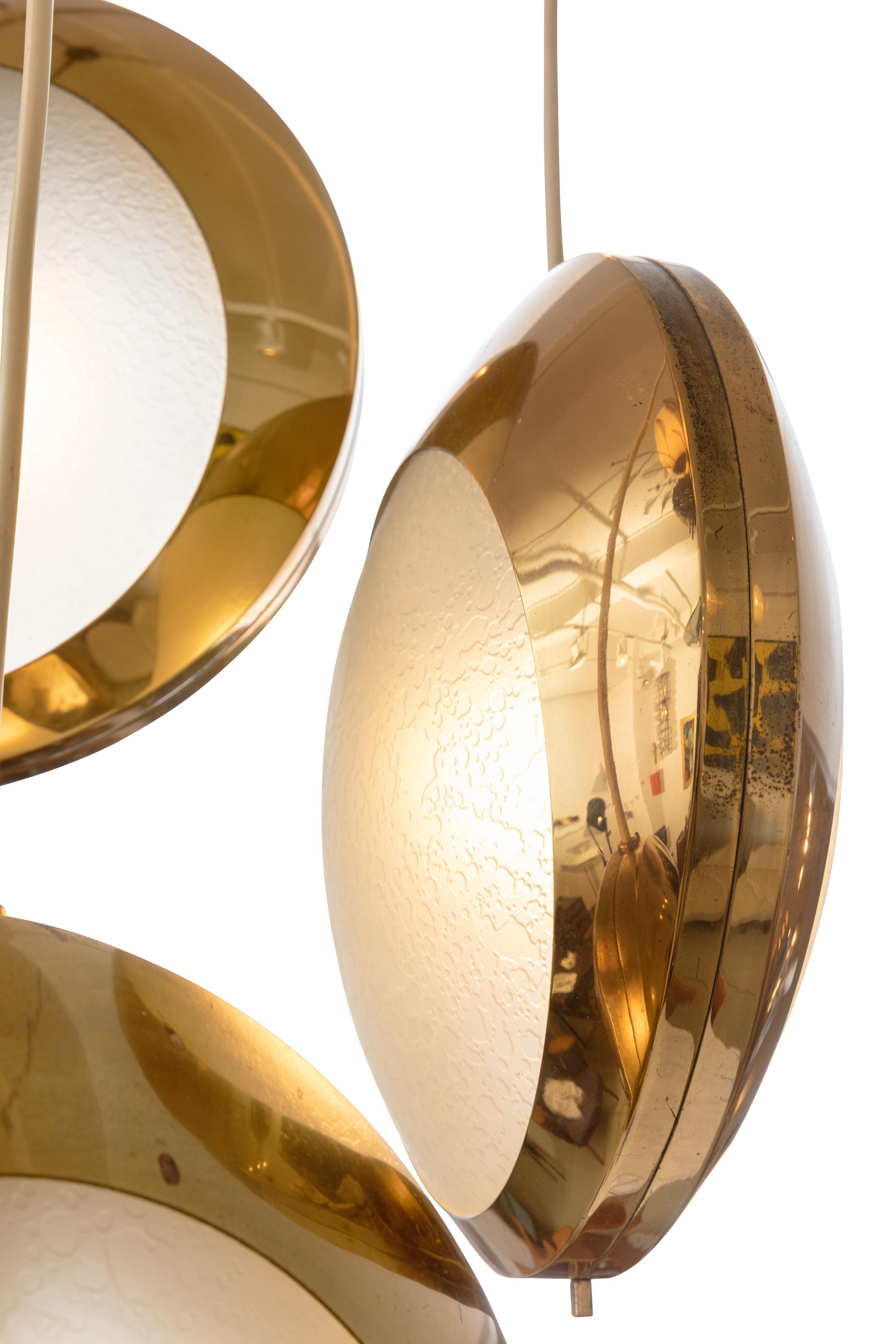 Mid-20th Century Stilnovo Brass & Textured Glass Three Pendant Light, Italy, 1950s