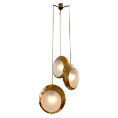 Stilnovo Brass & Textured Glass Three Pendant Light, Italy, 1950s