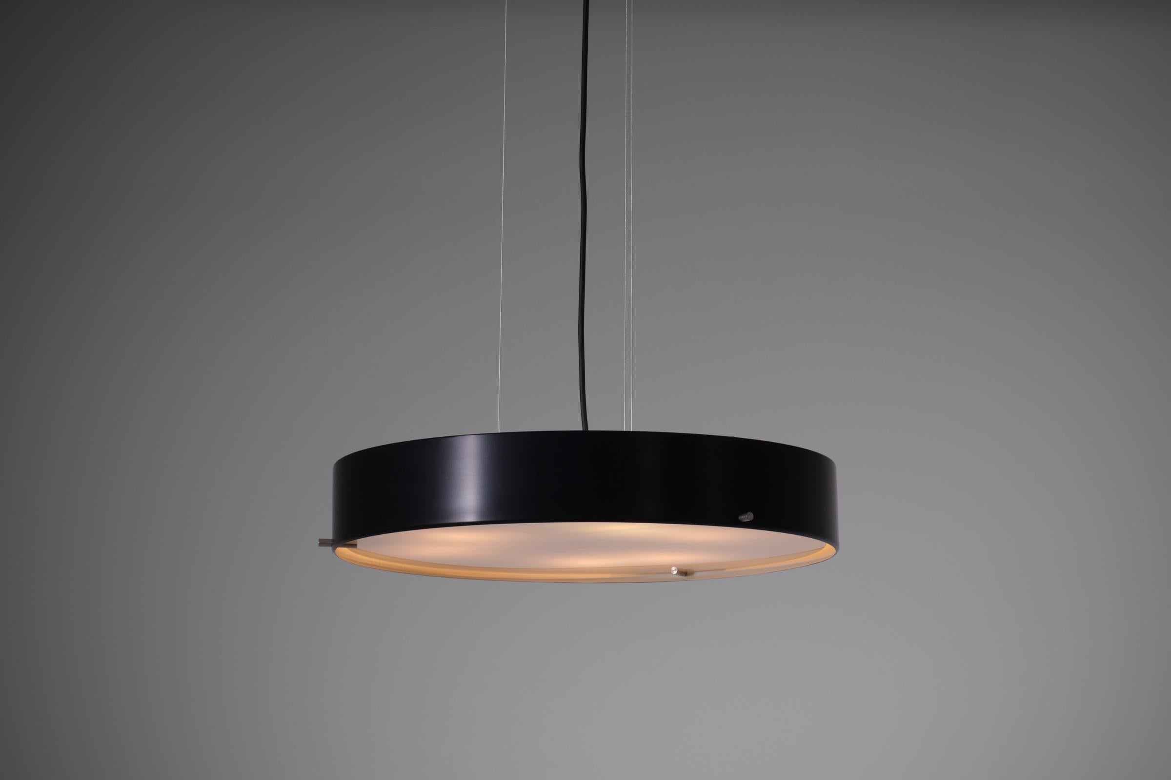Ceiling light ‘288’ by Bruno Gatta for Stilnovo, Italy 1960. Sophisticated minimalistic design composed out of a large cilinder - made out of black lacquered aluminum, nickel details and opaline glass. The lamp provides a good light due to the six