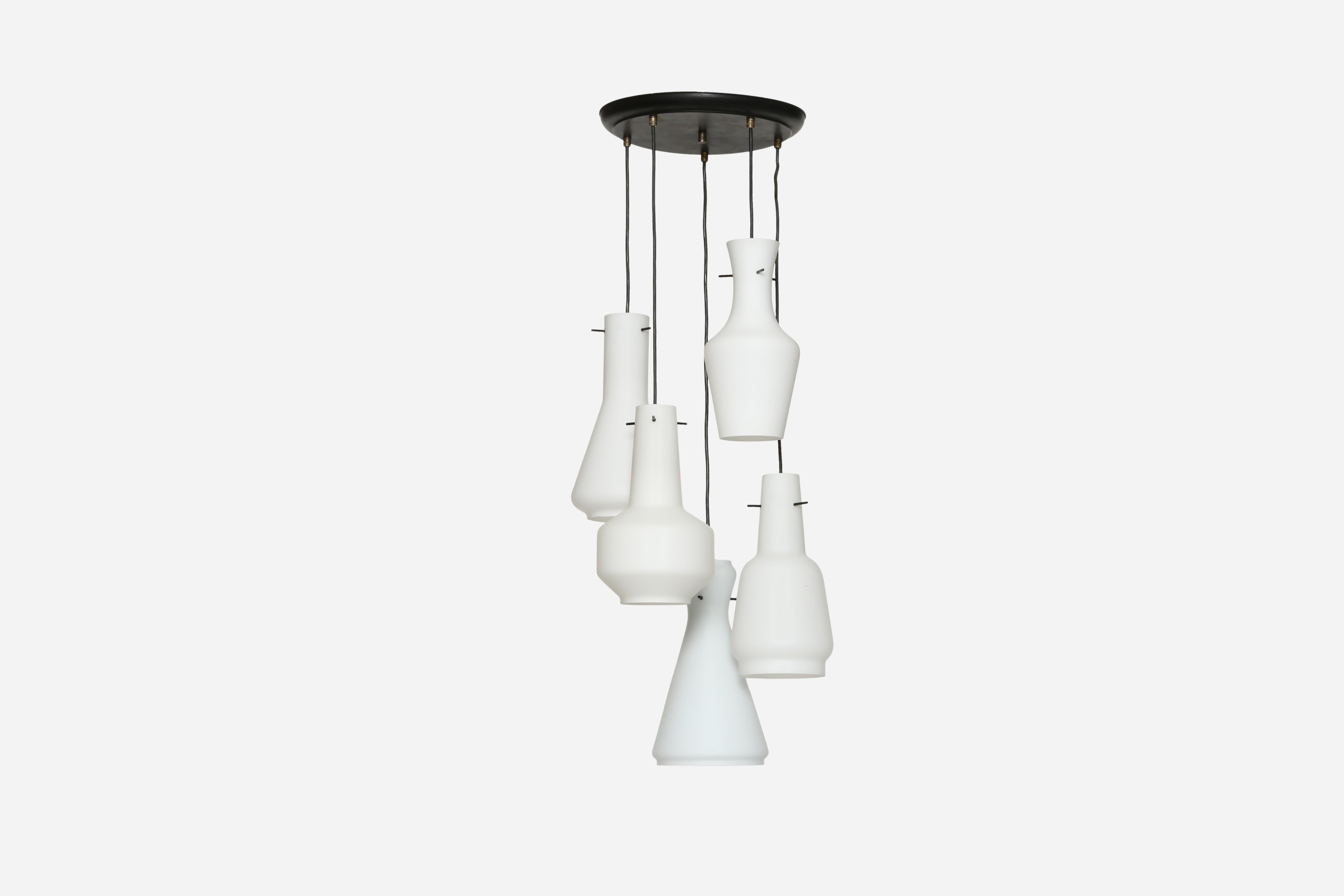 Stilnovo ceiling suspension, Italy circa 1960s
Five opaline glass shades in different shapes. 
Overall height is adjustable, can be made shorter or longer.
Takes 5 candelabra bulbs.
FREE US rewiring upon request.
FREE US Continental shipping.
NO