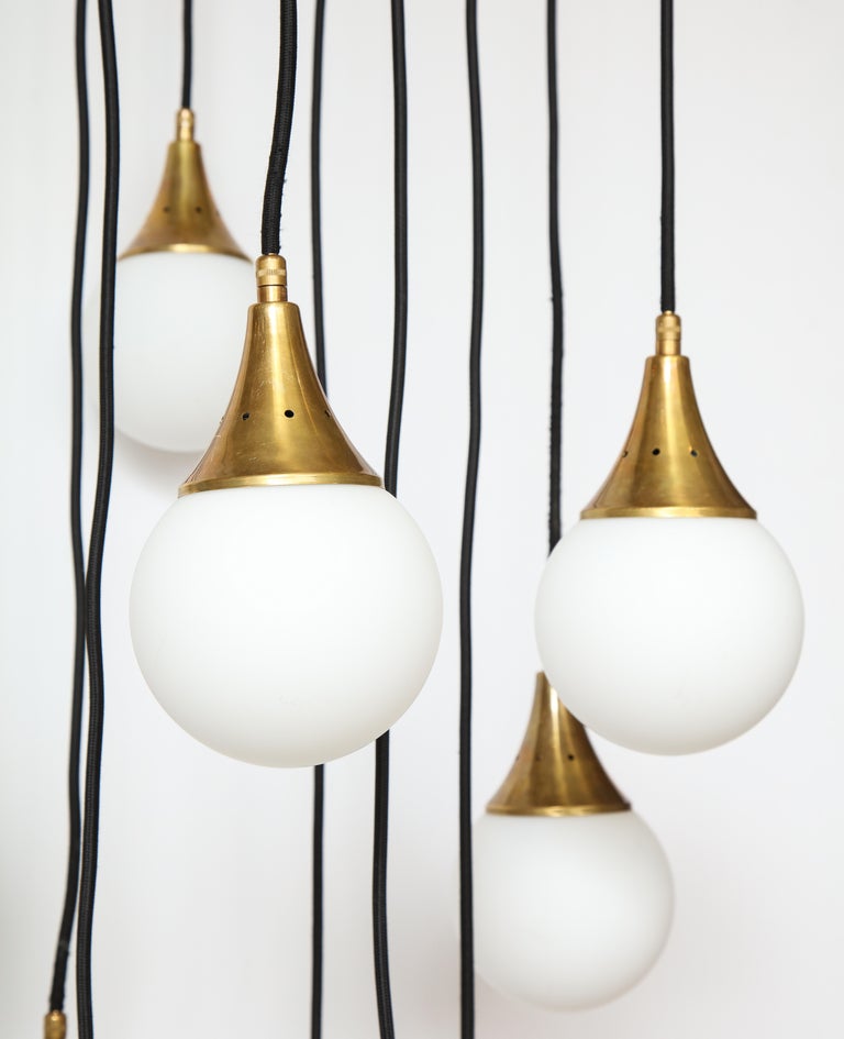 Stilnovo Cascading Chandelier with Twelve Opaline Glass Lights For Sale at 1stdibs