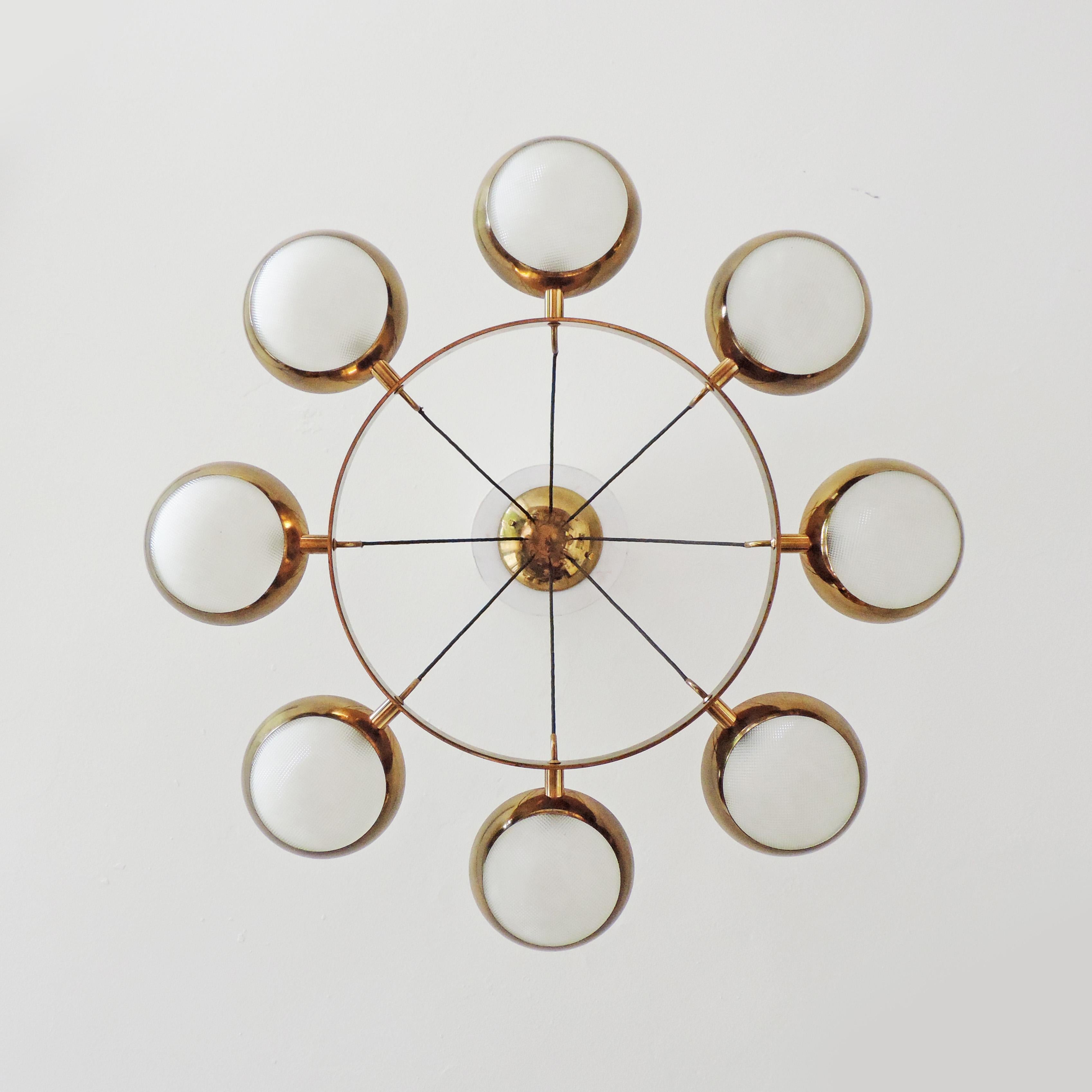 Mid-Century Modern Stilnovo Ceiling Lamp in Brass and Glass, Italy, 1950s