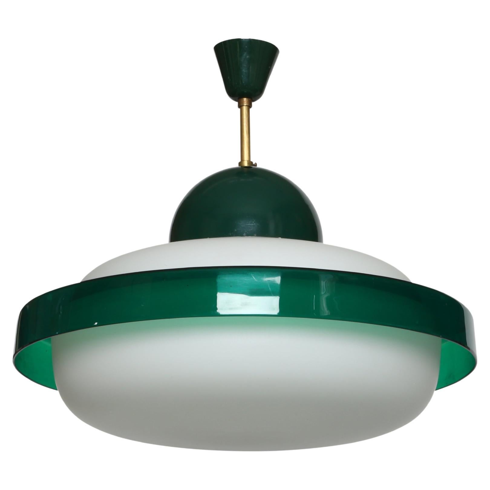 Stilnovo ceiling pendant.
Designed and made in Italy, 1960s
Opaline glass, enameled metal, plexiglass.
Takes one medium base bulb. 
Complimentary US rewiring upon request.
