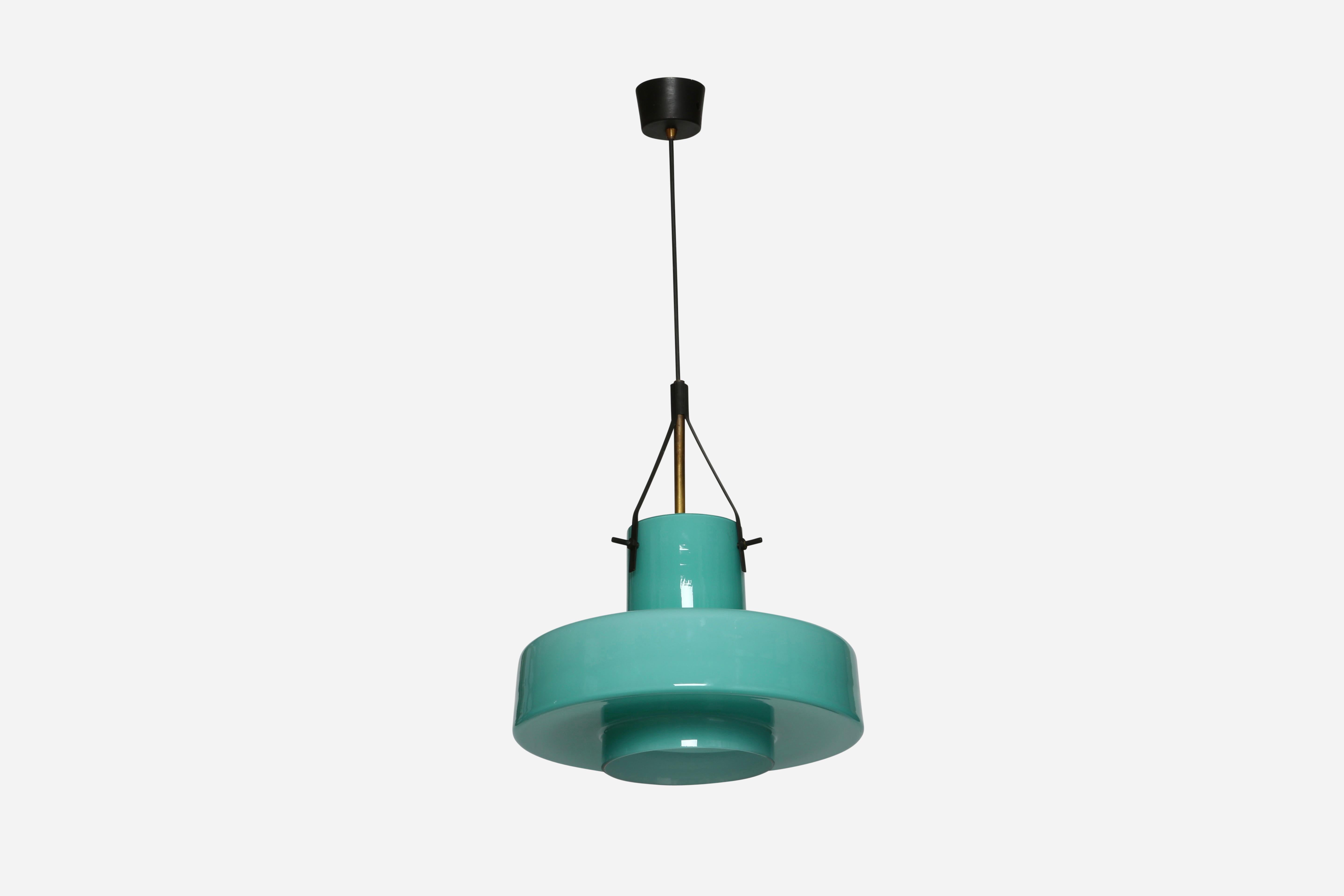 Stilnovo ceiling pendant
Designed and made in Italy, 1960s
Double layered glass, green on the outside, white on the inside.
Takes one medium base bulb.
Complimentary US rewiring upon request.
Overall drop is adjustable.
Height of the glass with the