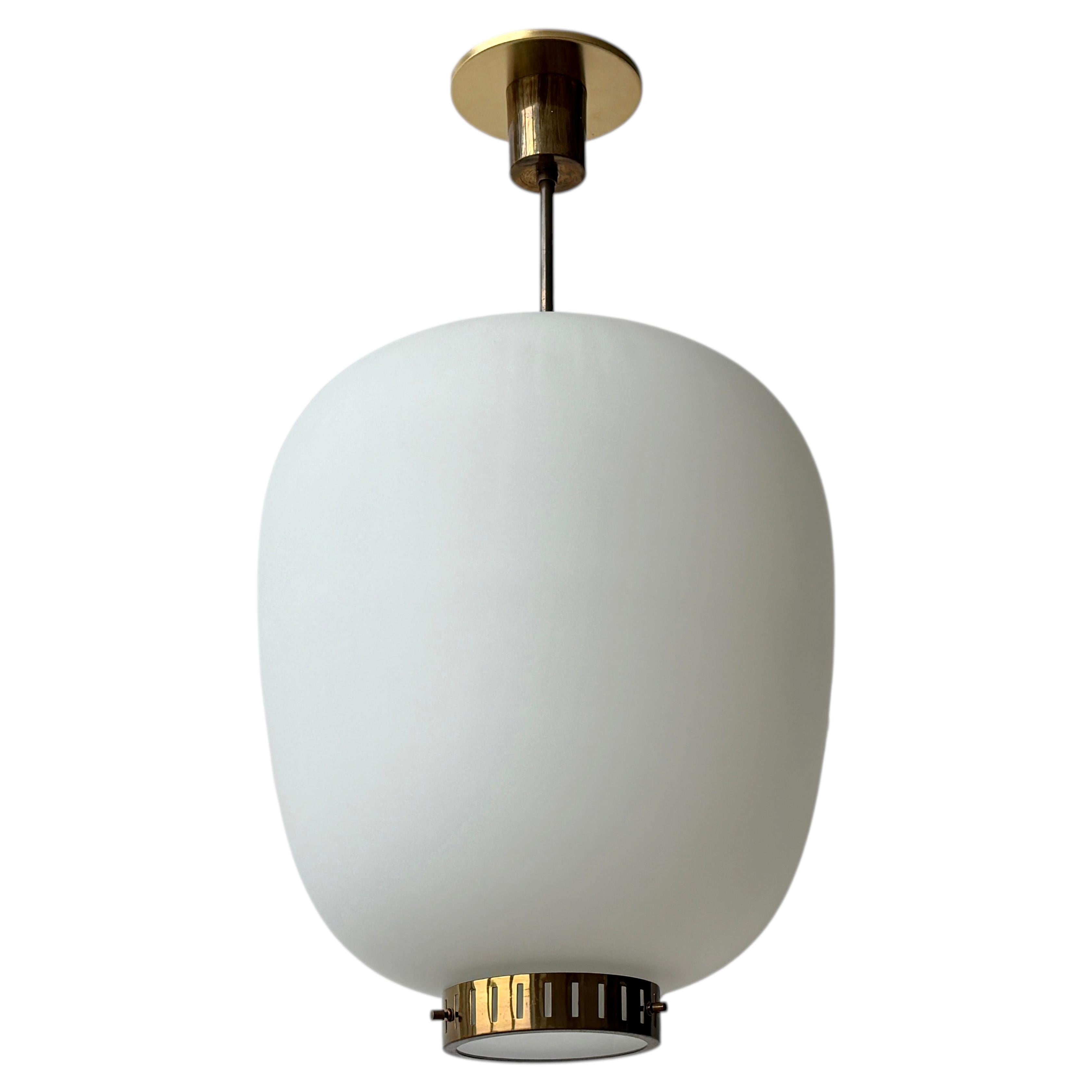 Stilnovo ceiling pendant in opaline glass and brass, Italy circa 1960s