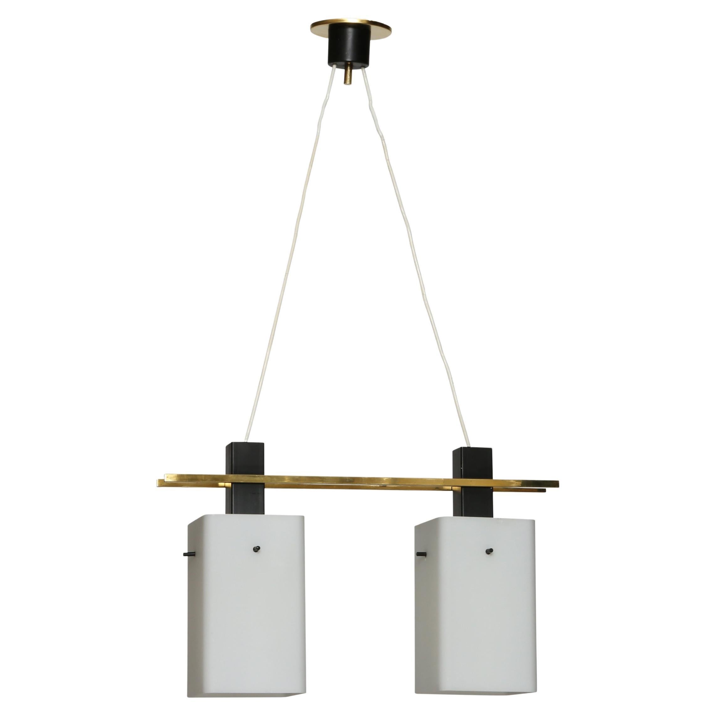 Stilnovo Ceiling Pendant Light, Opaline Glass 
Brass, Italy, 1960s