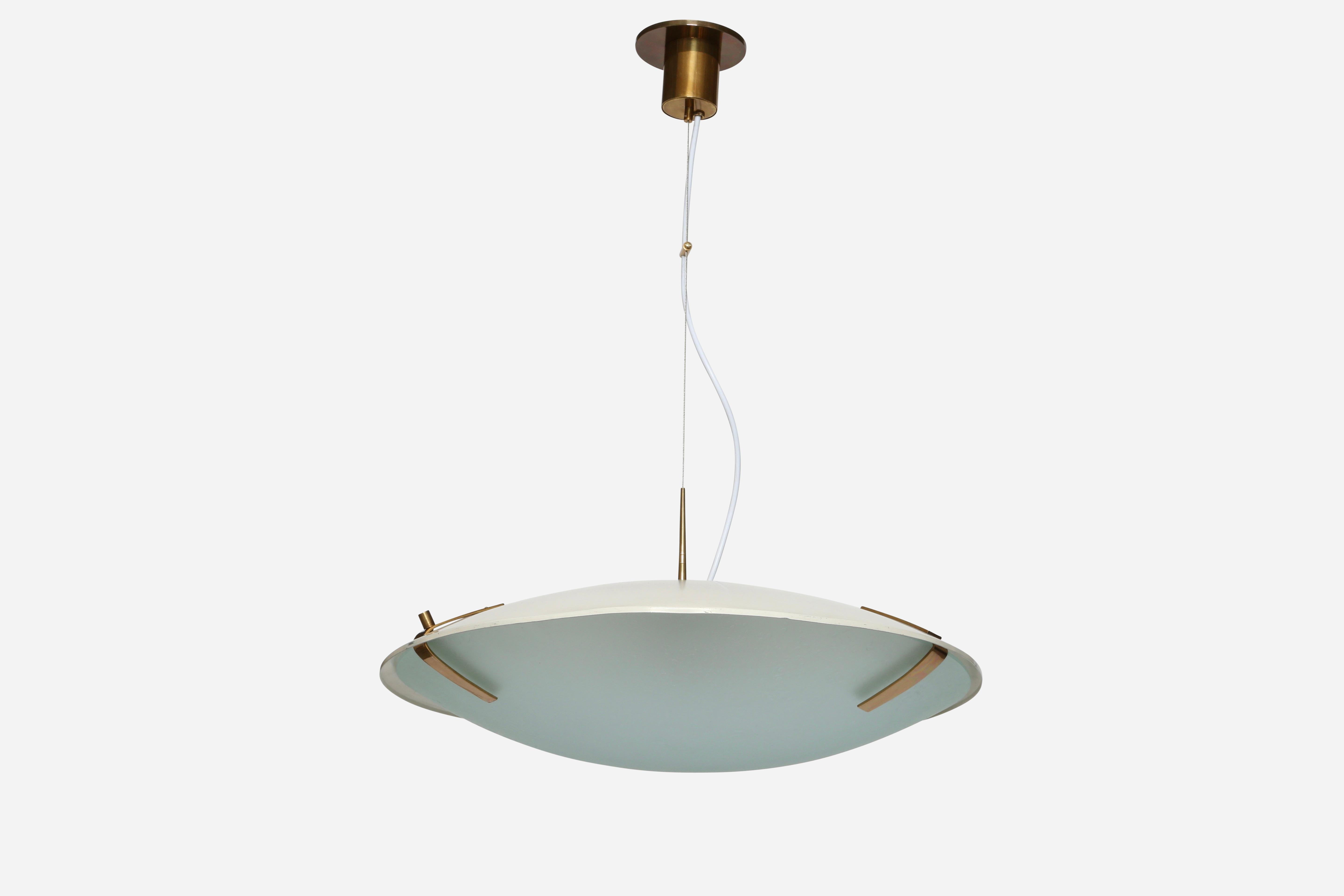 Stilnovo ceiling suspension model 1140.
Designed and made in Italy in 1960s.
Enameled aluminum, textured glass, brass.
Very clean, sculptural forms.
Takes 4 Edison bulbs.
Rewired for US.
Height adjustable.
Height of the fixture's body is 25 inches