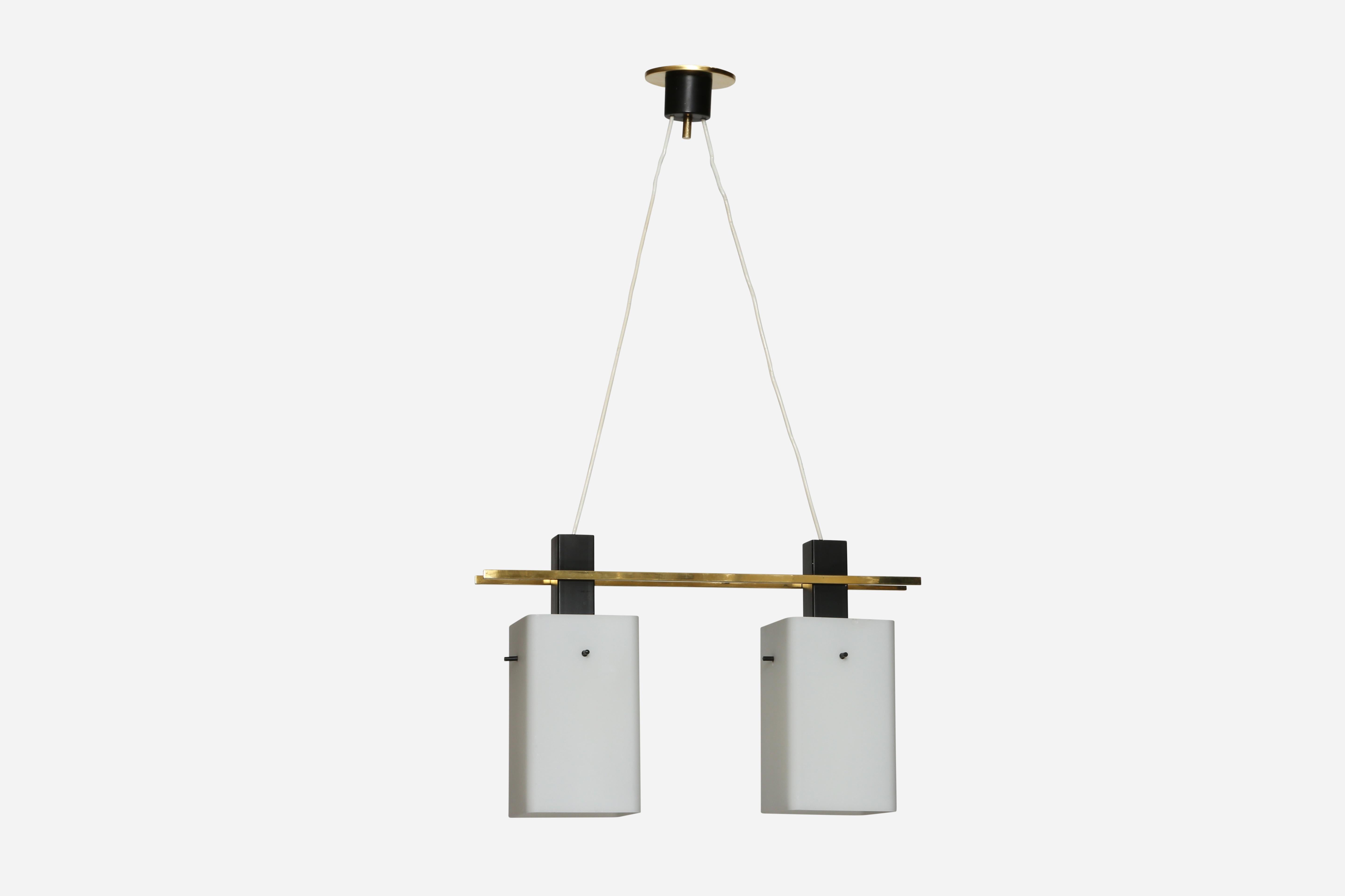 Stilnovo ceiling pendant
Designed and made in Italy, 1960s
Three cylinder opaline glass shades, brass, enameled metal.
Takes 3 medium base bulb. 
Complimentary US rewiring upon request.
Overall drop is adjustable.
Height of the glass is 10