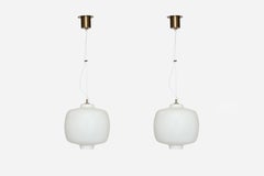 Stilnovo Ceiling Suspension Light, Opaline Glass & Brass, Italy, 1960s