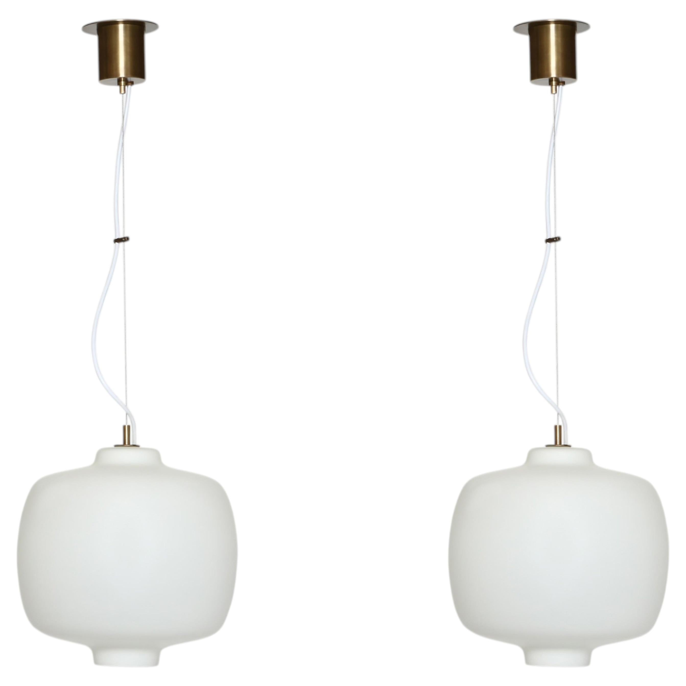 Stilnovo Ceiling Suspension Light, Opaline Glass & Brass, Italy, 1960s