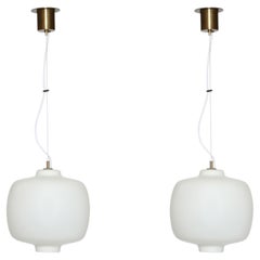Stilnovo Ceiling Suspension Light, Opaline Glass & Brass, Italy, 1960s