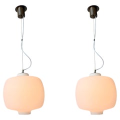 Stilnovo Ceiling Suspension Light, Opaline Glass & Brass, Italy, 1960s