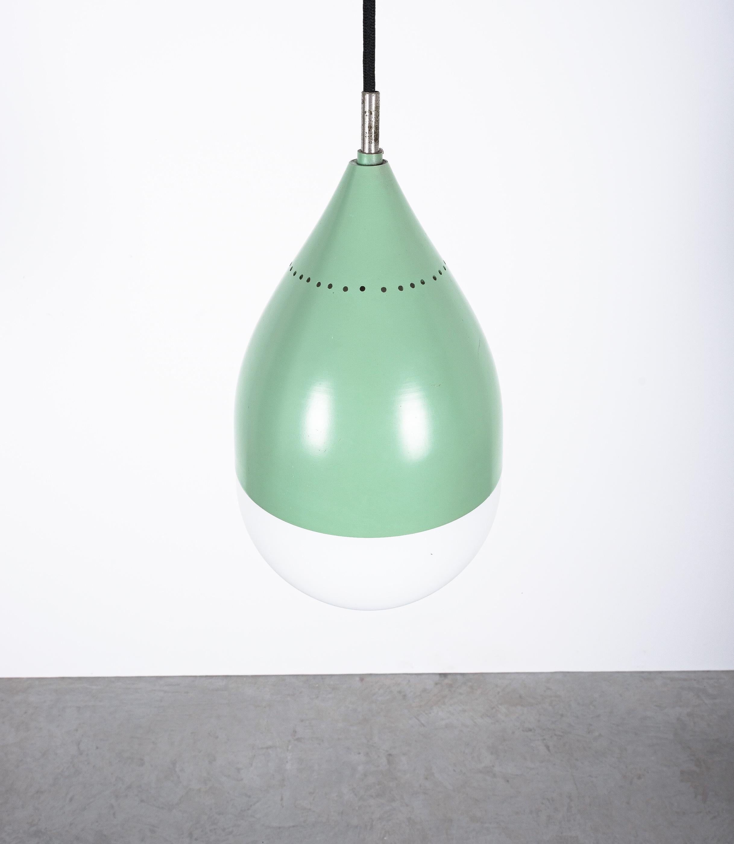 Mid-Century Modern Stilnovo Celeste Green Ball Pendant Lamp Opal Glass, circa 1950 For Sale