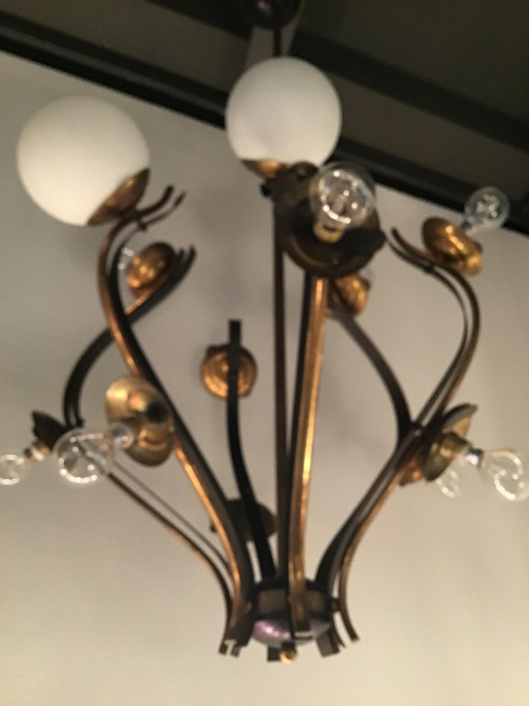 Lustre Spoutnik Style Stilnovo – 6 Lumières, Laiton Brut, Design Italien Orange, Neuf