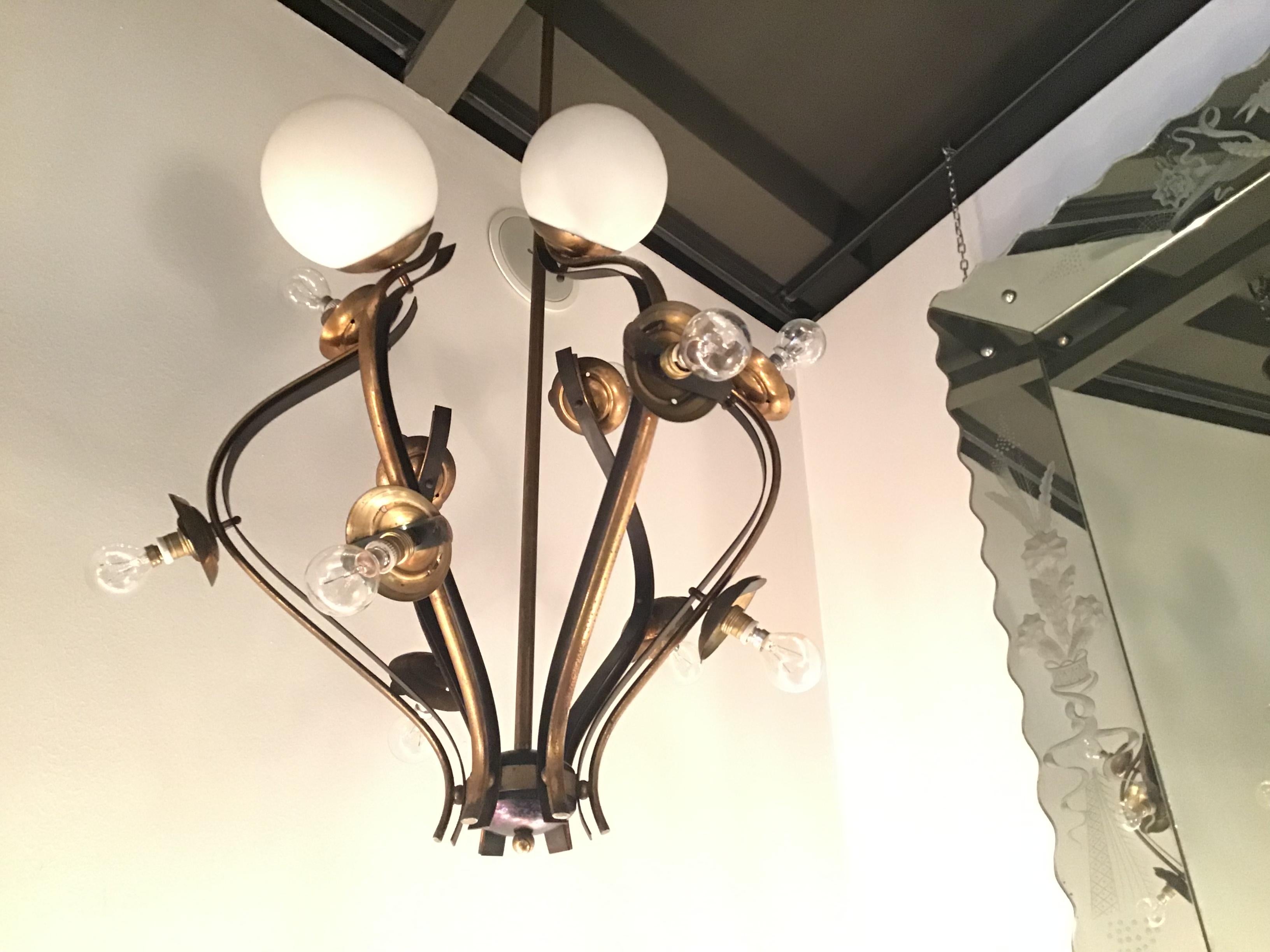 Italian Chandelier 12 Lights Iron Brass Opalin Glass 1950, attributed to Stilnovo c 1955 For Sale