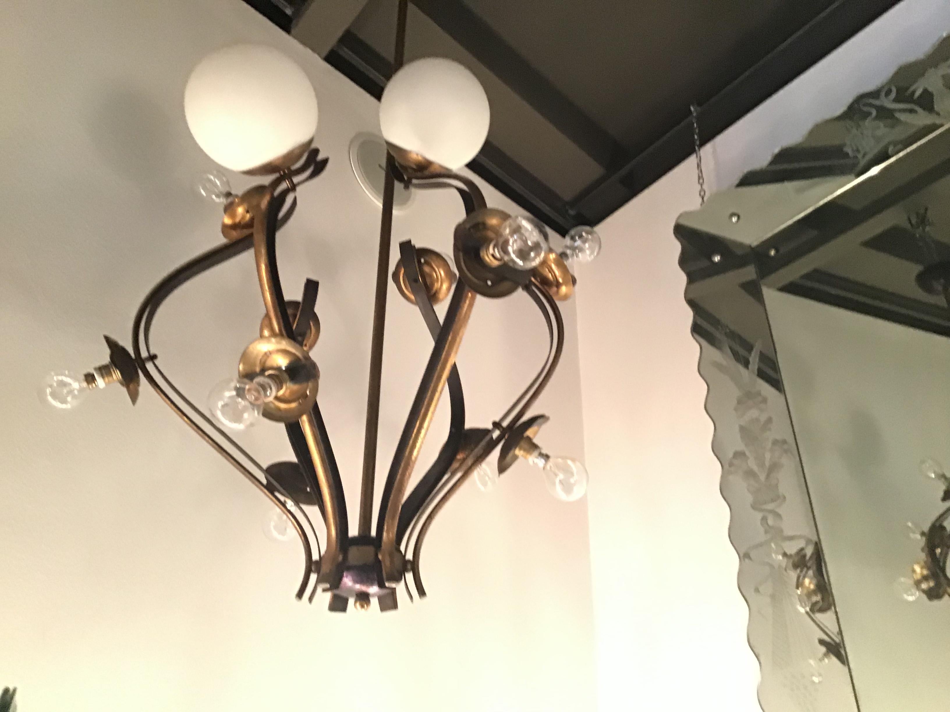 Chandelier 12 Lights Iron Brass Opalin Glass 1950, attributed to Stilnovo c 1955 In Good Condition For Sale In Milano, IT