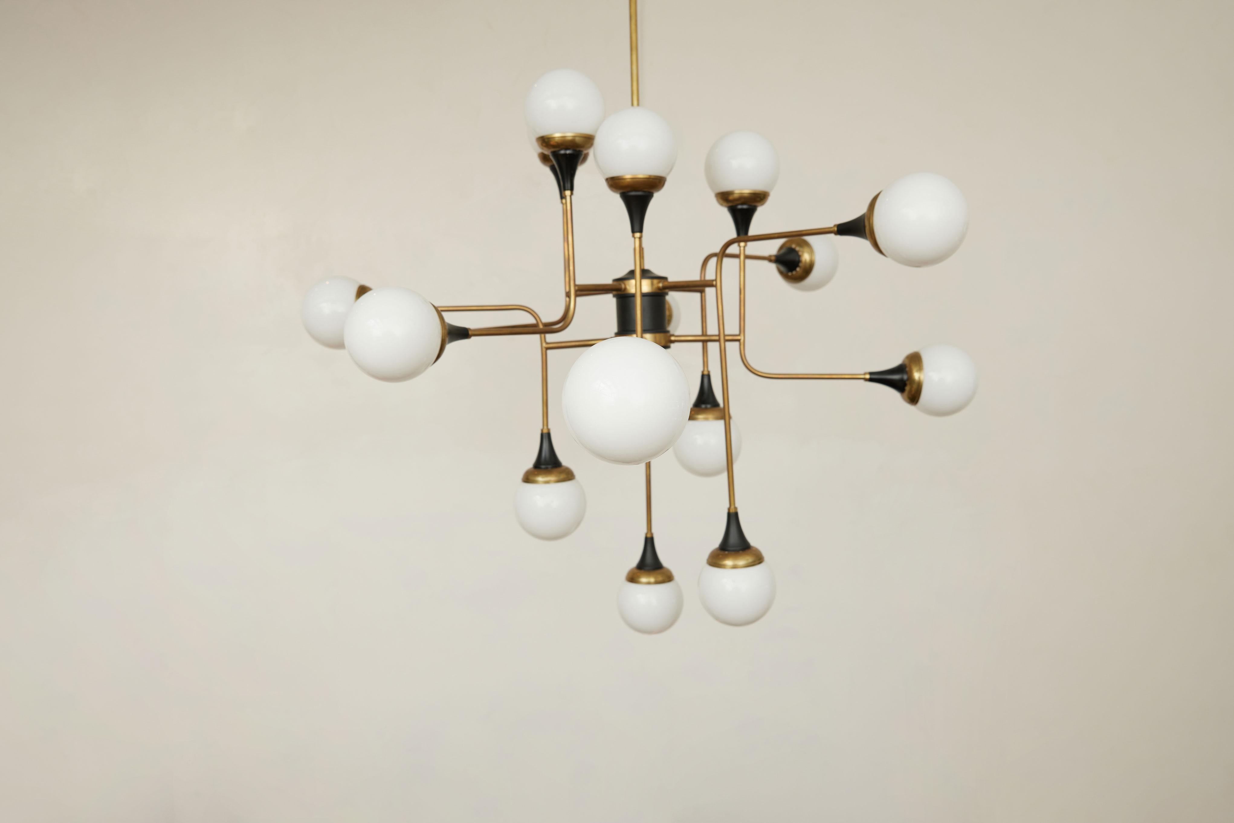 Stilnovo Chandelier 16 Light Brass Metal Opaline Glass, 1950, Italy For Sale 5