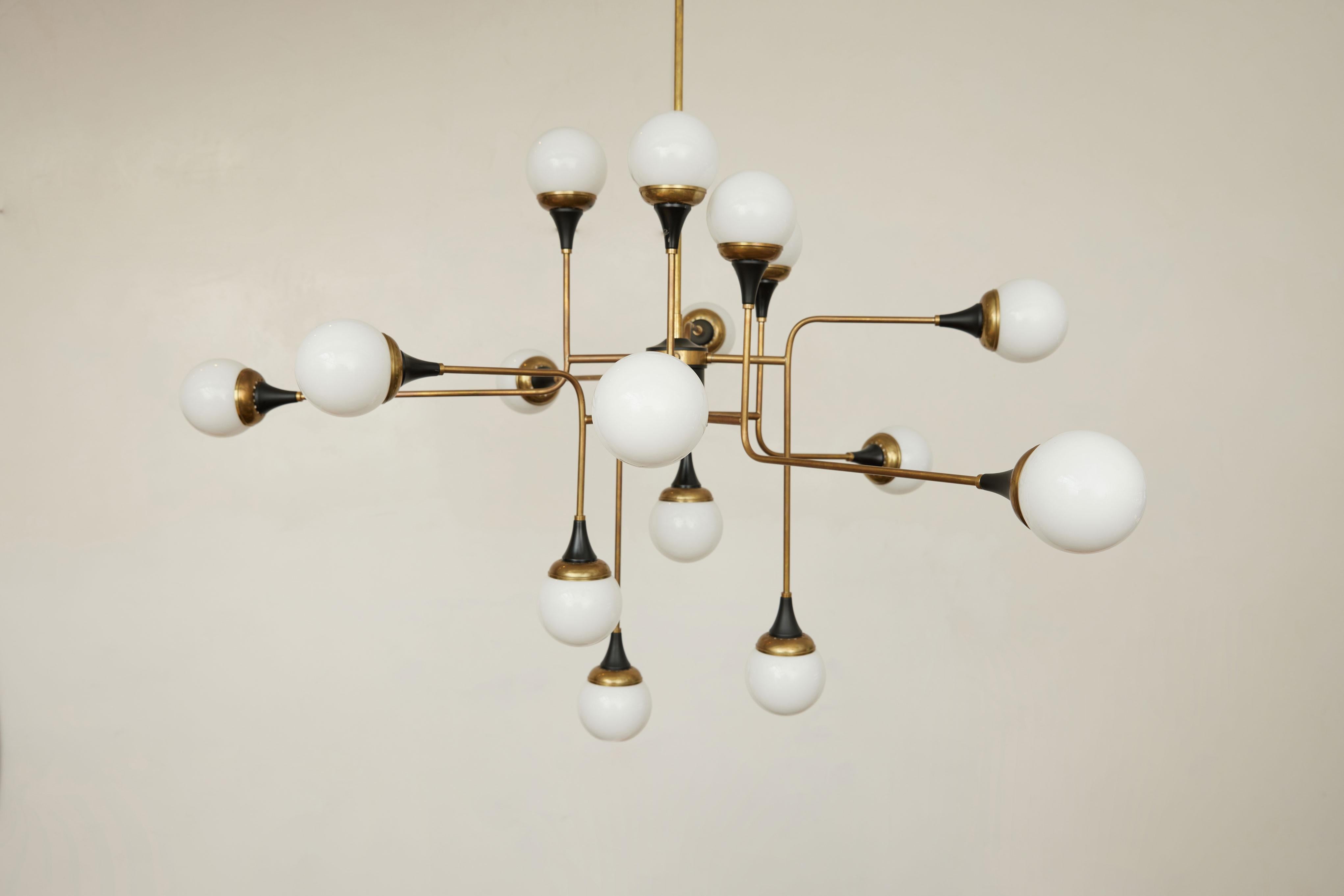 Stilnovo Chandelier 16 Light Brass Metal Opaline Glass, 1950, Italy For Sale 6