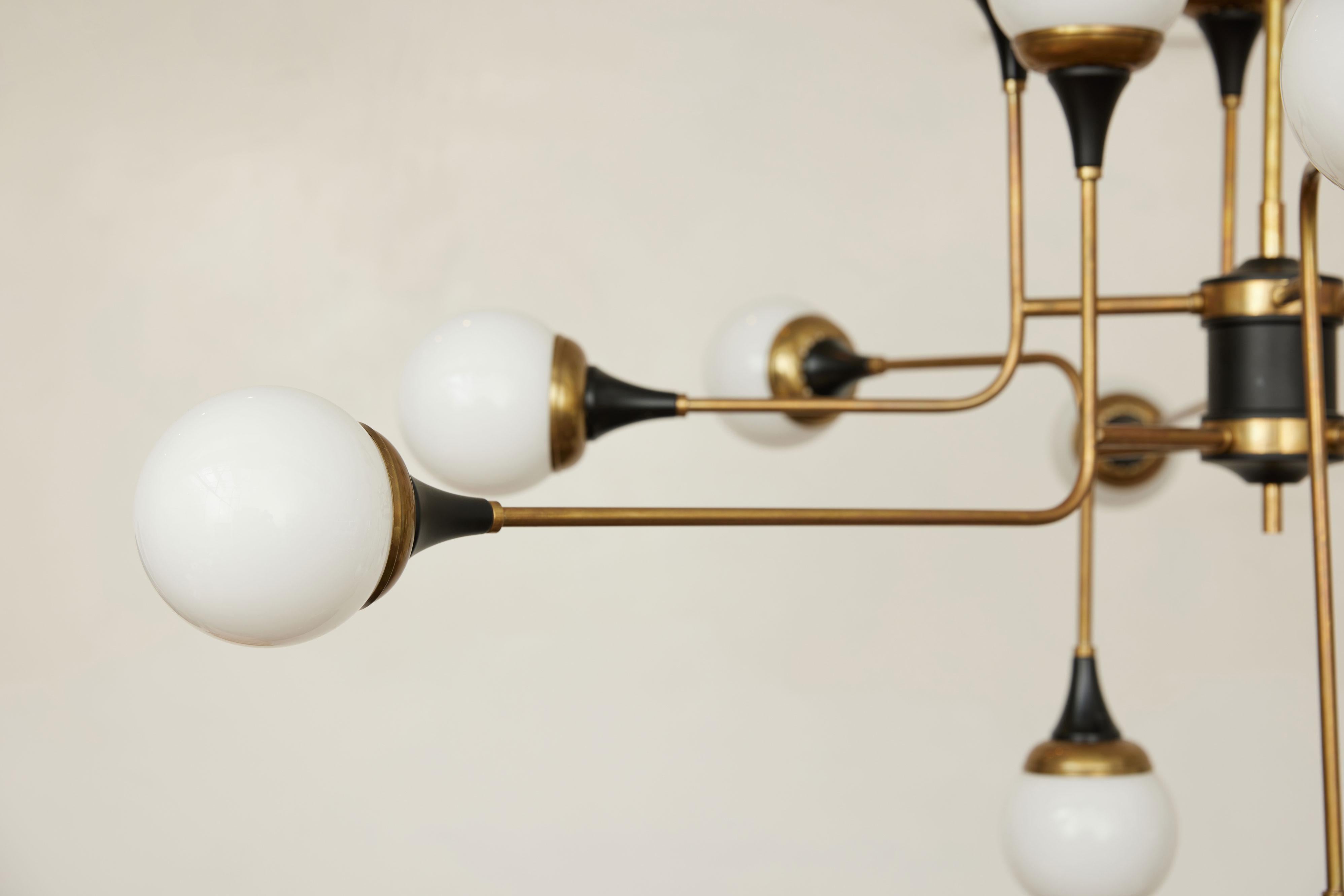 Stilnovo Chandelier 16 Light Brass Metal Opaline Glass, 1950, Italy For Sale 8