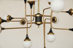 Stilnovo Chandelier 16 Light Brass Metal Opaline Glass, 1950, Italy